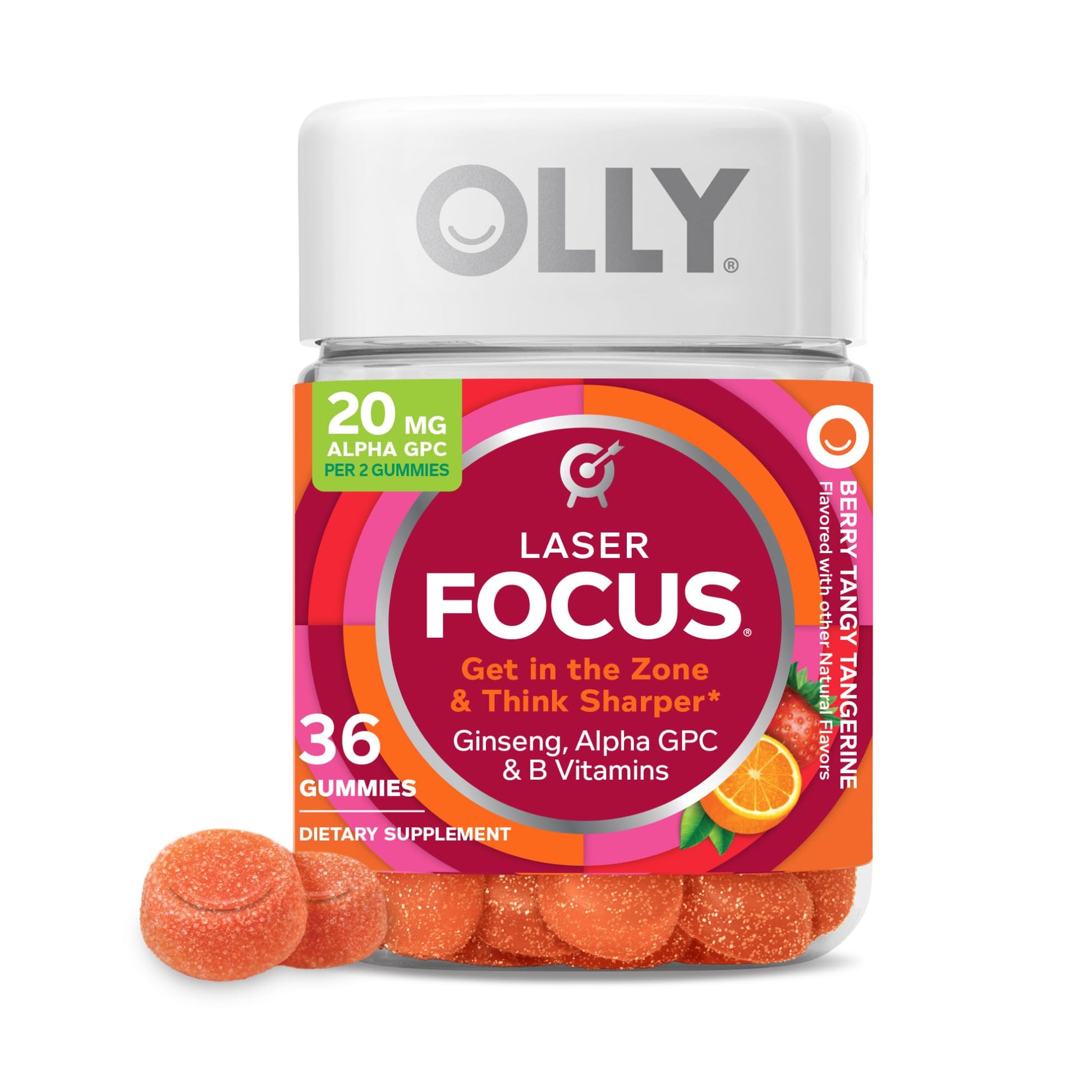 OLLY Laser Focus Gummy, Ginseng, Alpha GPC, B Vitamins, Berry Tangerine Flavor - 36 Count - OzHealthStandard