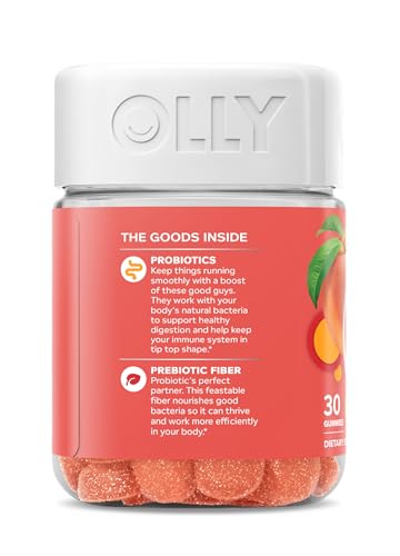 OLLY Probiotic + Prebiotic Gummy, Digestive Support and Gut Health, 500 Million CFUs, Fiber, Adult Chewable Supplement for Men and Women, Peach, 30 Day Supply - 30 Count - OzHealthStandard