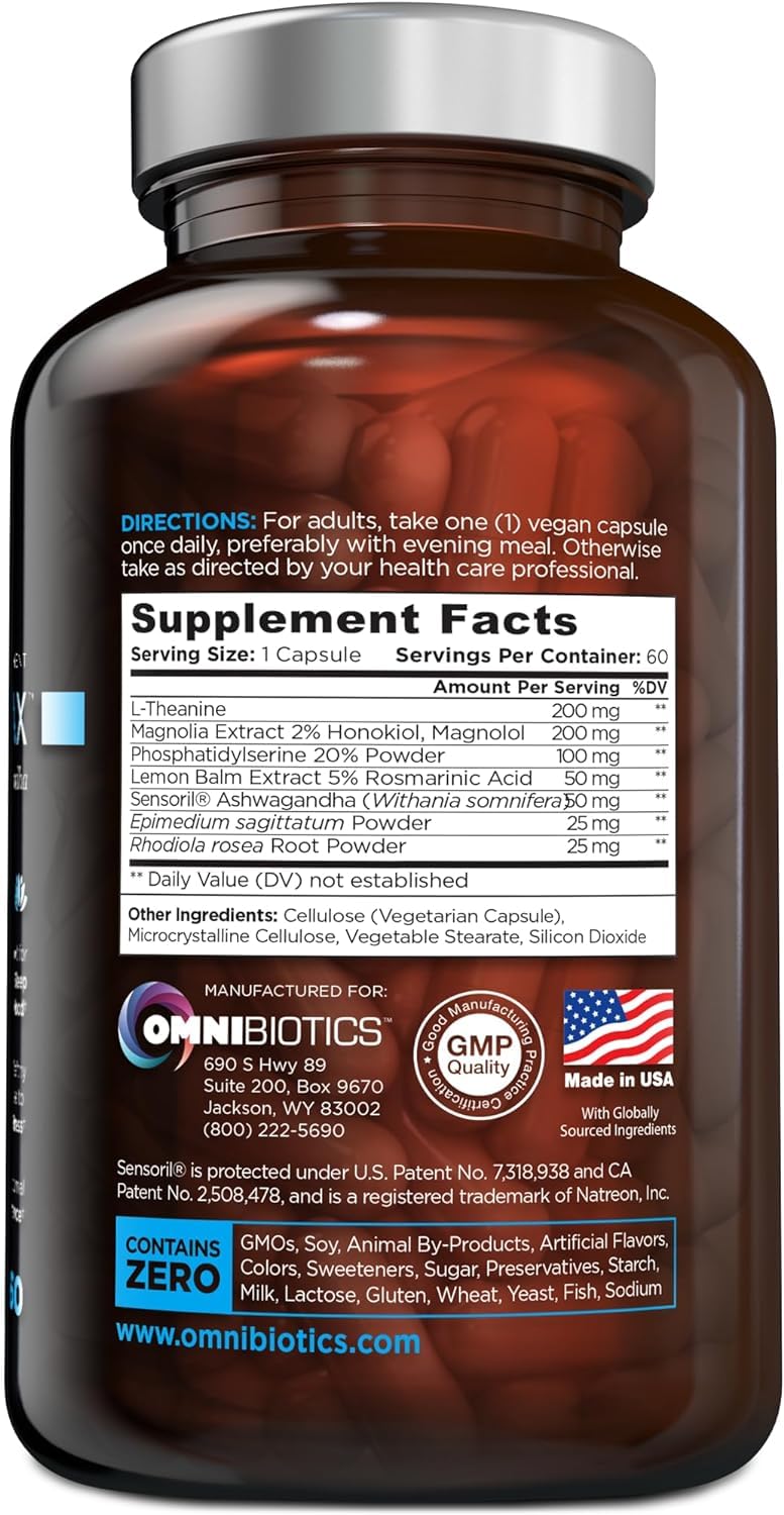 OmniBiotics Cortisol Supplement for Women and Men - High Cortisol Manager with Ashwagandha, L-Theanine, Magnolia Extract, Phosphatidylserine to Support Relaxation, Calm, Detox - 60 Vegan Capsules - OzHealthStandard