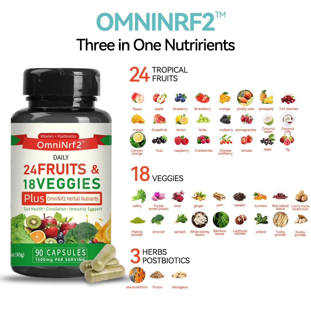 OmniNrf2 Postbiotic Supplement Capsules for Gut Health, Superfood with 24 Fruits & 18 Veggies & Fermented Herbal Plants, 90 Capsules for Antioxidant Support - OzHealthStandard