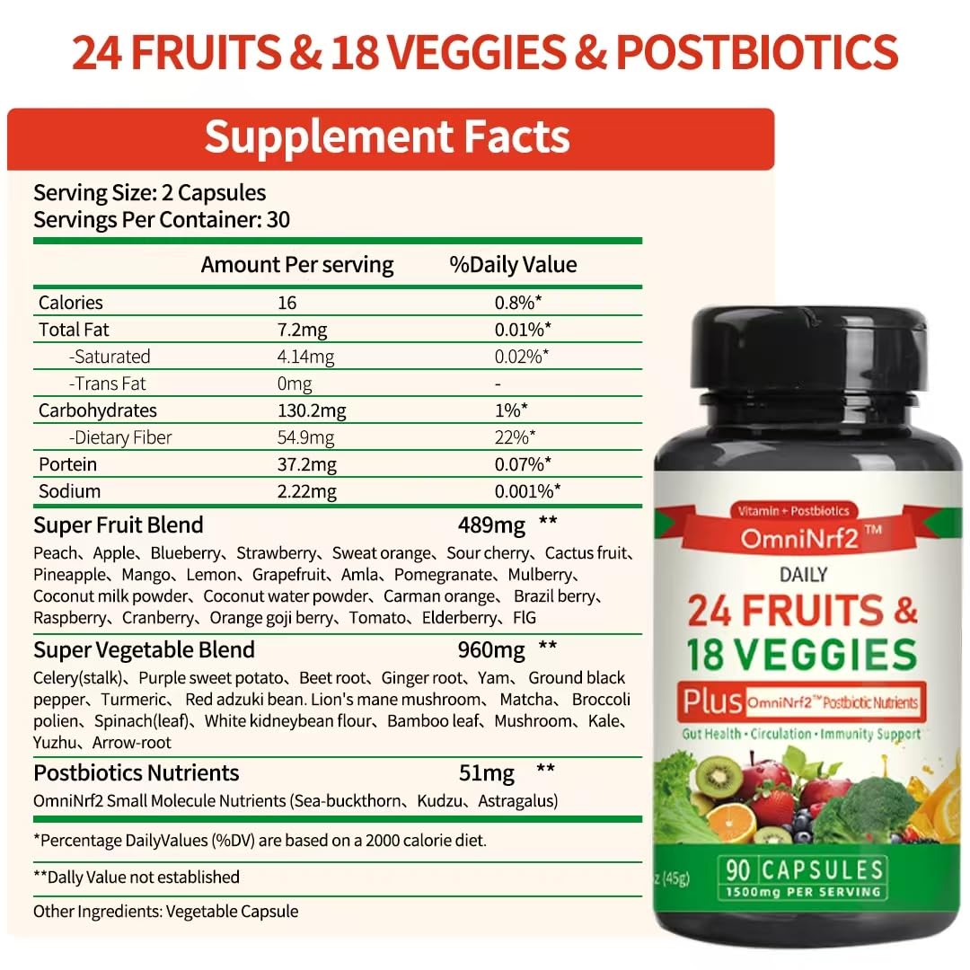 OmniNrf2 Postbiotic Supplement Capsules for Gut Health, Superfood with 24 Fruits & 18 Veggies & Fermented Herbal Plants, 90 Capsules for Antioxidant Support - OzHealthStandard