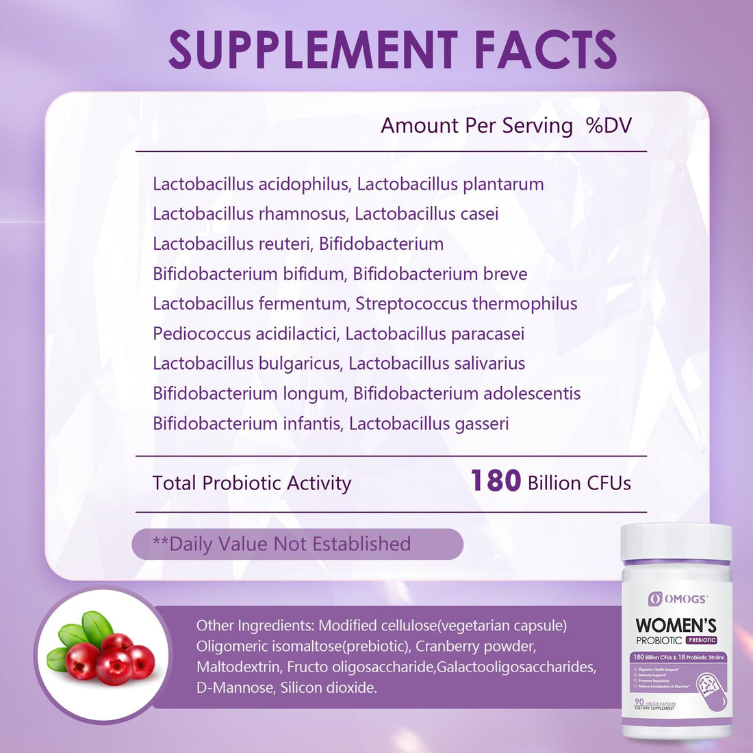 OMOGS Women's Probiotic 180 Billion CFUs 18 Strains, with Organic Prebiotics, Cranberry Extract, D-Mannose & Digestive Enzymes, for Digestive, Boost Immune, - OzHealthStandard