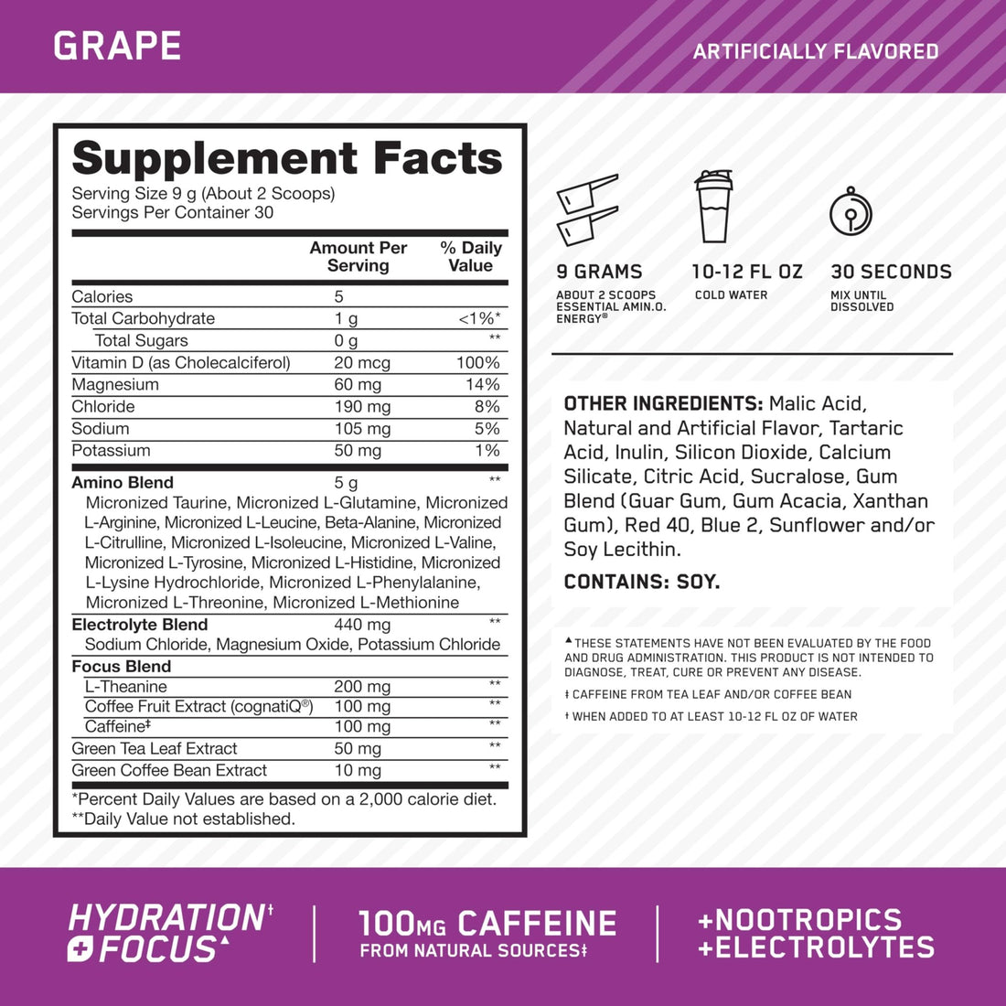 Optimum Nutrition Amino Energy Powder Plus Focus, with BCAA, Electrolytes, and Caffeine, Grape, 30 Servings (Packaging May Vary) - OzHealthStandard