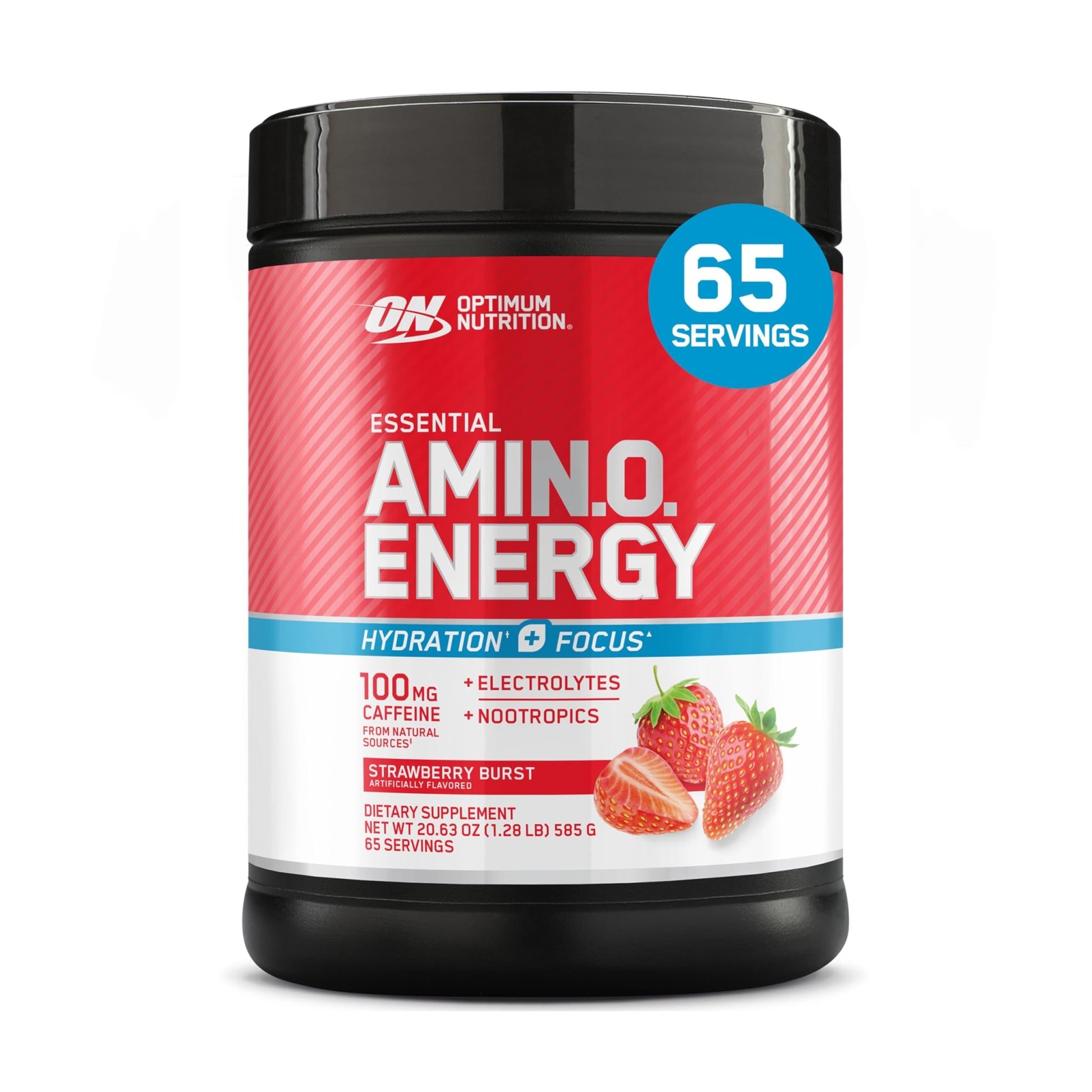 Optimum Nutrition Amino Energy Powder Plus Focus, with BCAA, Electrolytes, and Caffeine, Strawberry Burst, 65 Servings - OzHealthStandard