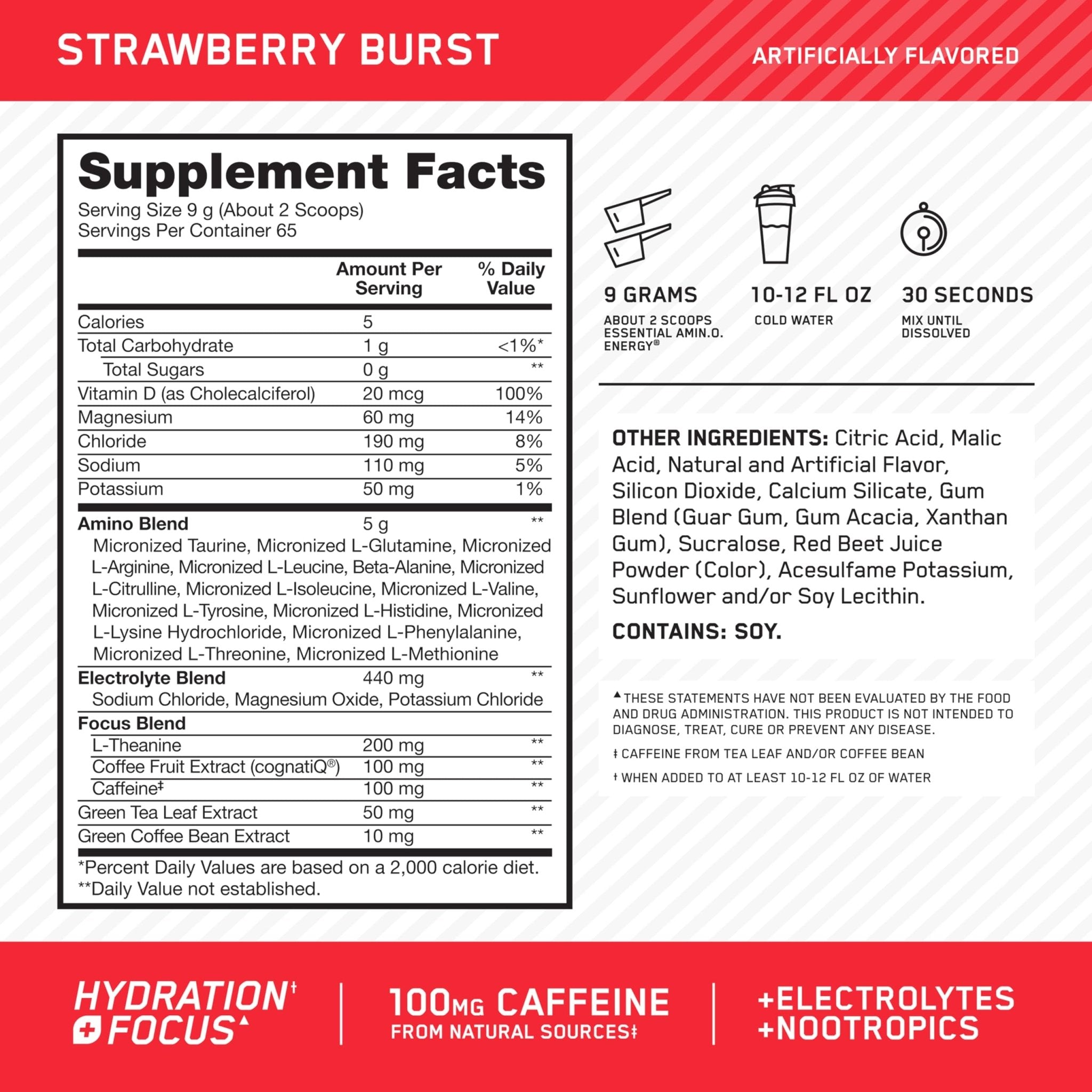 Optimum Nutrition Amino Energy Powder Plus Focus, with BCAA, Electrolytes, and Caffeine, Strawberry Burst, 65 Servings - OzHealthStandard