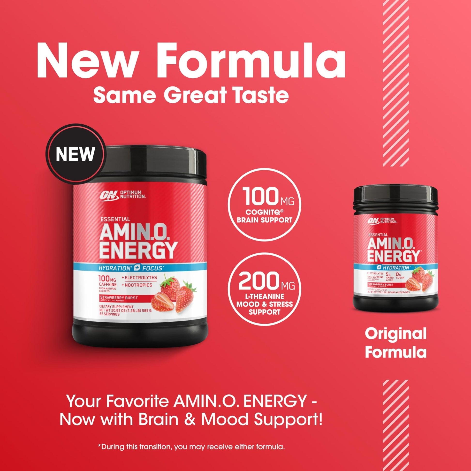 Optimum Nutrition Amino Energy Powder Plus Focus, with BCAA, Electrolytes, and Caffeine, Strawberry Burst, 65 Servings - OzHealthStandard