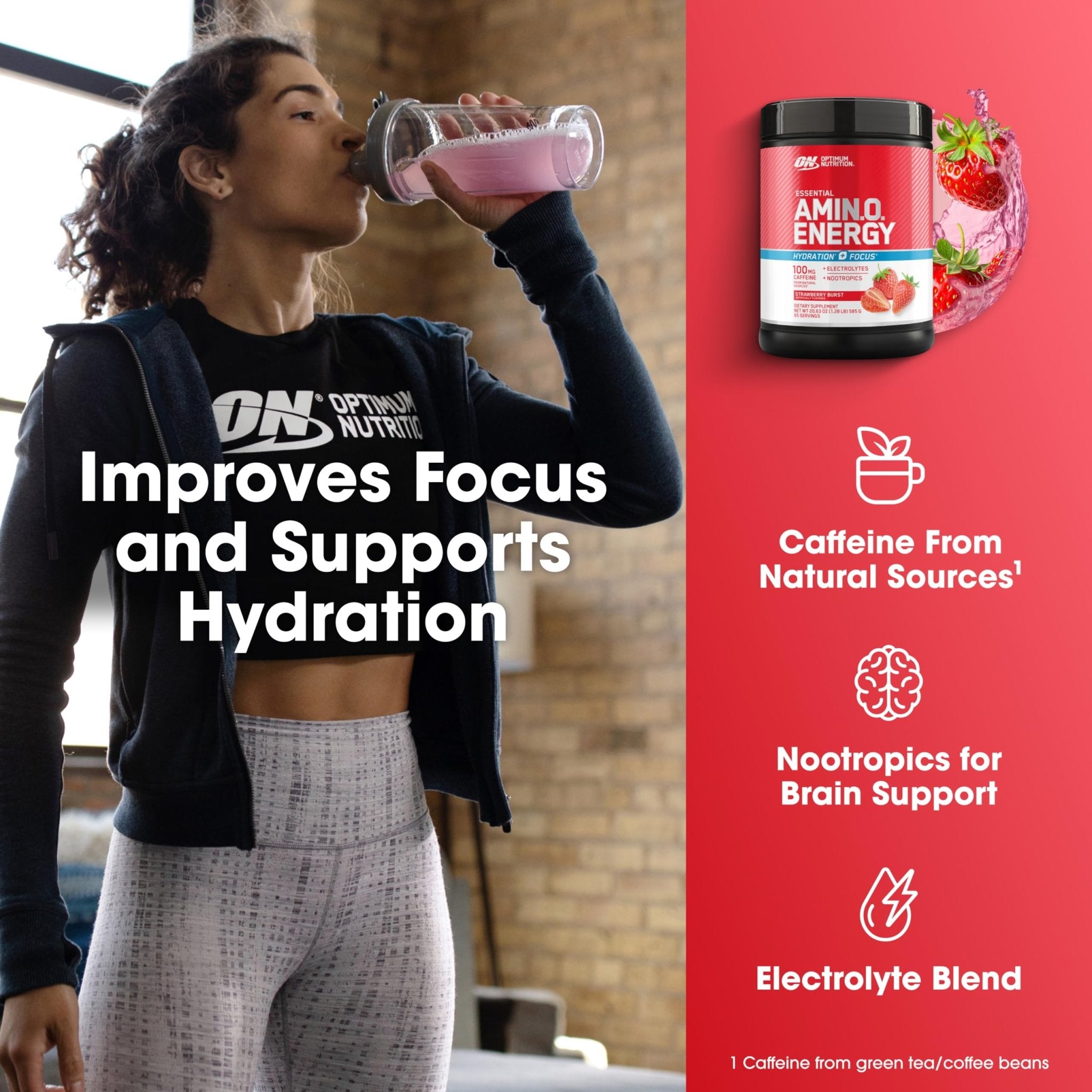 Optimum Nutrition Amino Energy Powder Plus Focus, with BCAA, Electrolytes, and Caffeine, Strawberry Burst, 65 Servings - OzHealthStandard