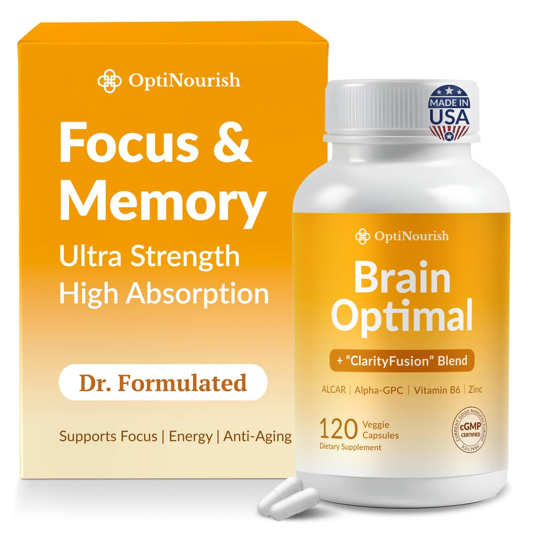 OPTINOURISH Brain Supplement for Memory and Focus, Nootropic for Adults, Fuel Brain Energy & Mental Clarity, Caffeine Free,Cognitive Support, Doctor-Formulated, Made in USA,cGMP,120 Caps - OzHealthStandard