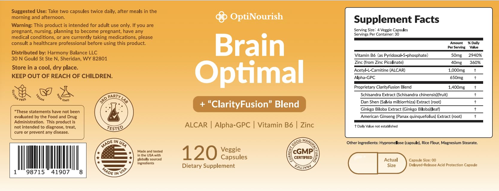 OPTINOURISH Brain Supplement for Memory and Focus, Nootropic for Adults, Fuel Brain Energy & Mental Clarity, Caffeine Free,Cognitive Support, Doctor-Formulated, Made in USA,cGMP,120 Caps - OzHealthStandard