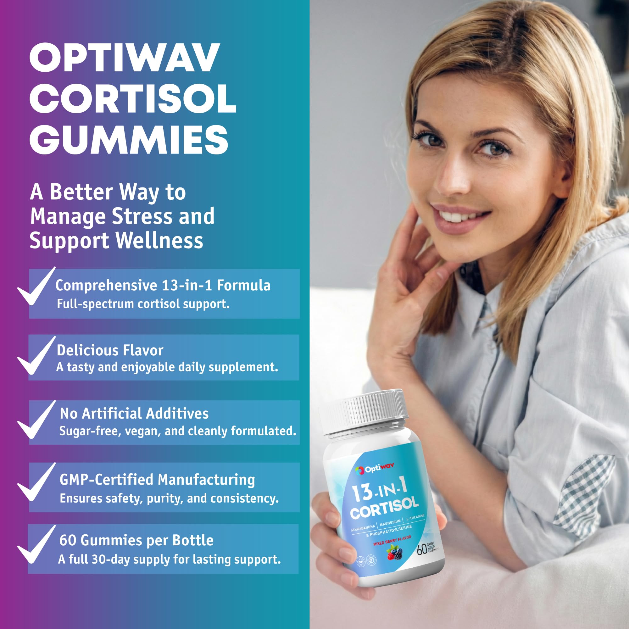 Optiwav Cortisol Reducer Gummies for Women Men - 13-in-1 Daily Cortisol Detox Manager Supports Stress Mood Balance Focus & Health Balance - Reduce High Cortisol with Ashwagandha Magnesium L-Theanine - OzHealthStandard