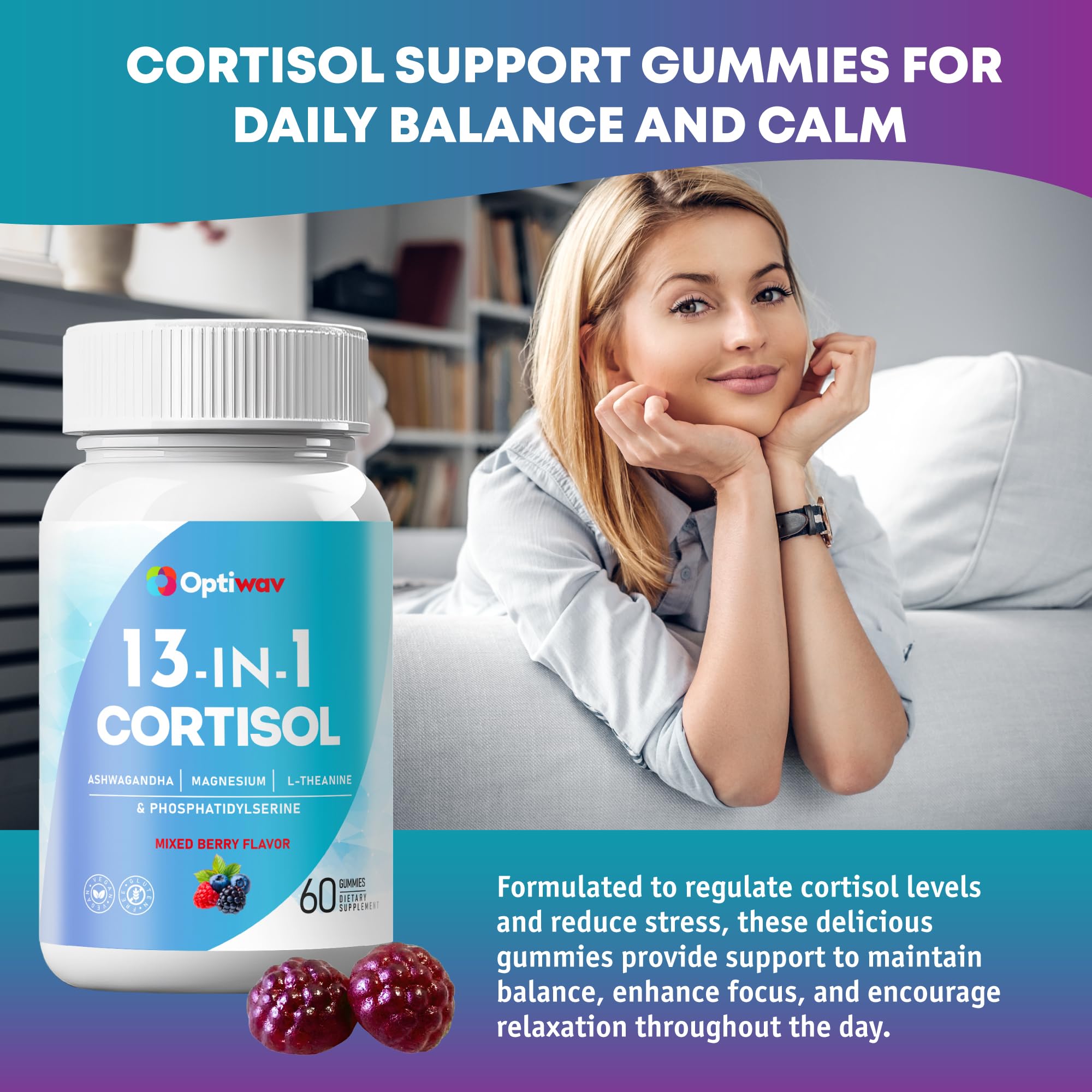 Optiwav Cortisol Reducer Gummies for Women Men - 13-in-1 Daily Cortisol Detox Manager Supports Stress Mood Balance Focus & Health Balance - Reduce High Cortisol with Ashwagandha Magnesium L-Theanine - OzHealthStandard