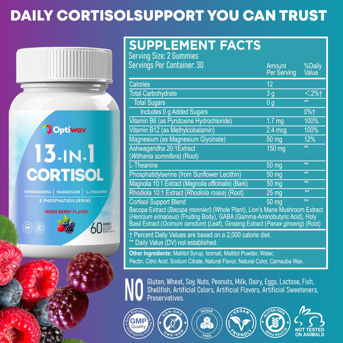 Optiwav Cortisol Reducer Gummies for Women Men - 13-in-1 Daily Cortisol Detox Manager Supports Stress Mood Balance Focus & Health Balance - Reduce High Cortisol with Ashwagandha Magnesium L-Theanine - OzHealthStandard