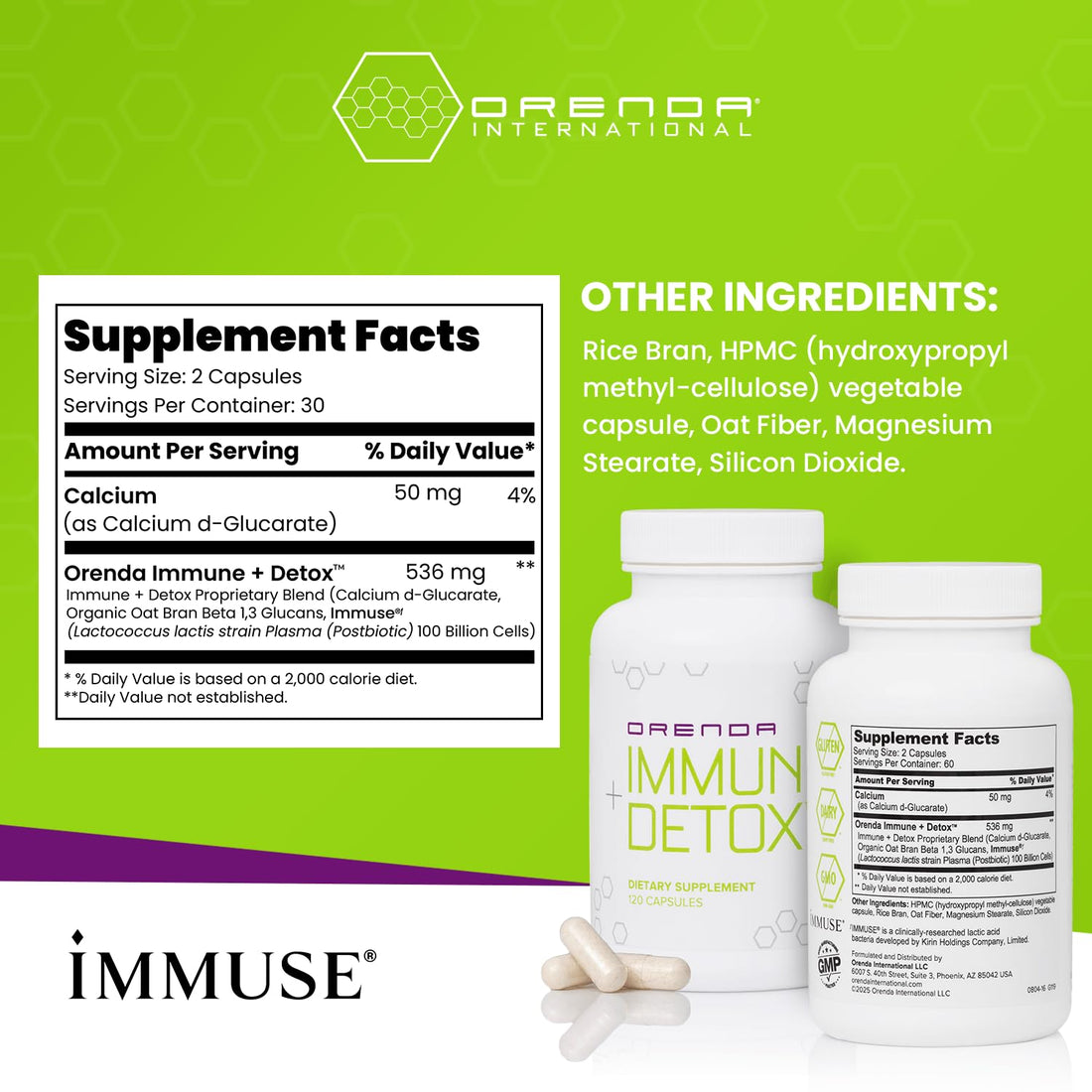 Orenda Immune + Detox - Specialized Formula with Calcium d-Glucarate, Beta 1,3 Glucans & IMMUSE® for Wellness and Balance - 120 Capsules - OzHealthStandard