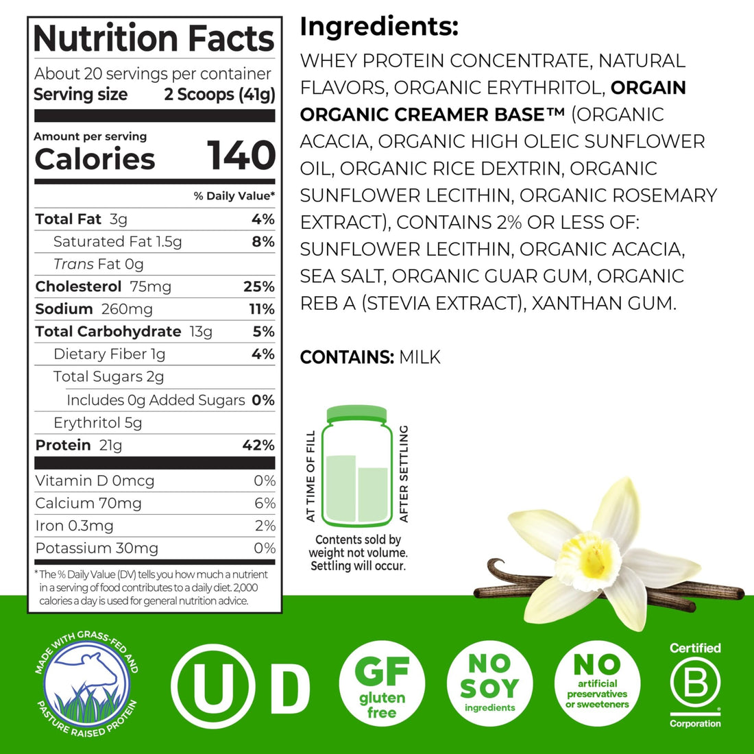 Orgain Whey Protein Powder, Vanilla Bean, 21g Grass Fed Dairy Protein, 5g BCAAs, 3g Prebiotic Fiber, 2g Sugar, No Added Hormones, Gluten Free, Kosher, for Shakes & Smoothies, 1.82 lb - OzHealthStandard