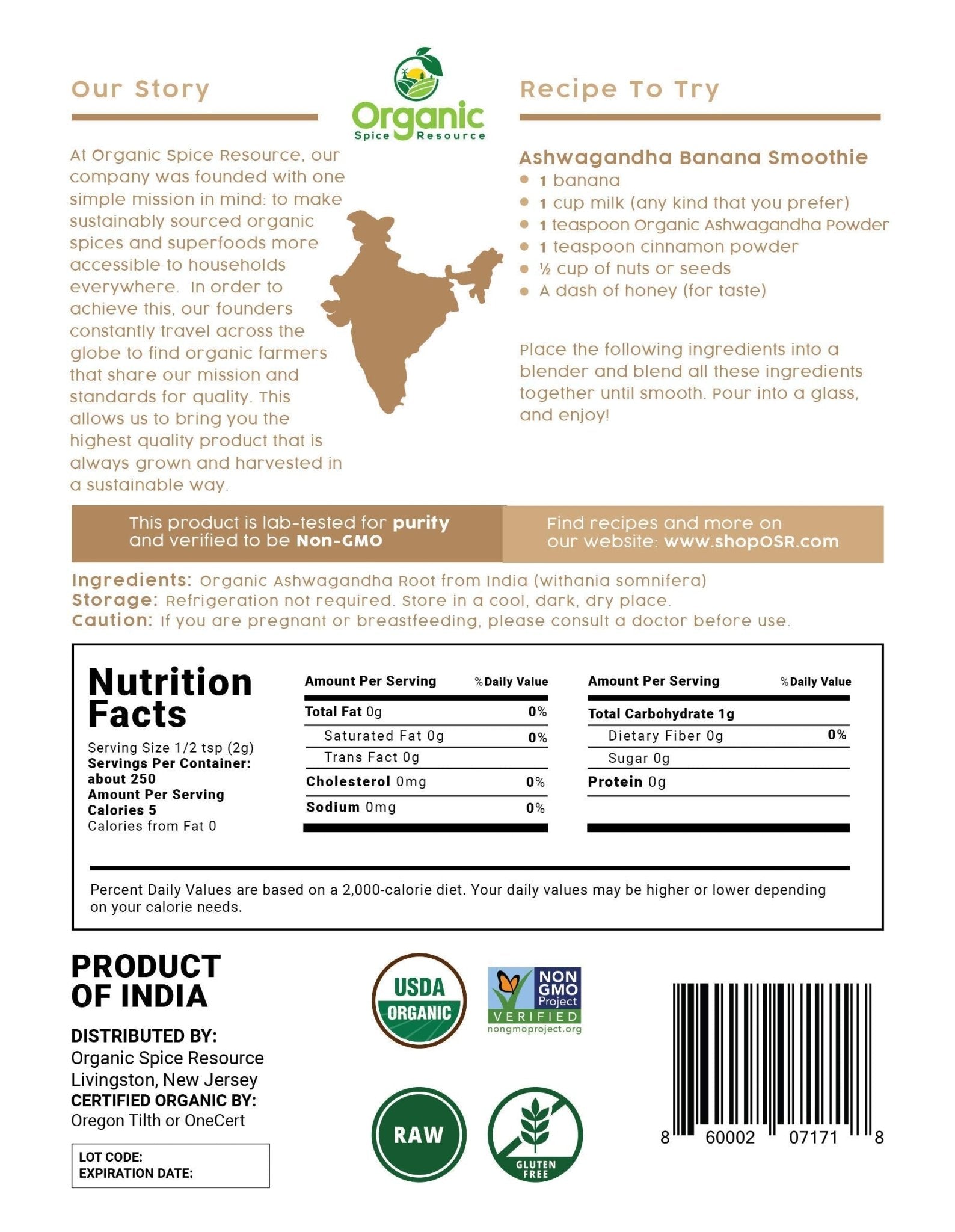 Organic Ashwagandha Root Powder - 1.10 lbs (17.64 oz) | Resealable Kraft Bag,Non-GMO, Indian Ginseng, Withania Somnifera -100% Raw from India, by SHOPOSR - OzHealthStandard