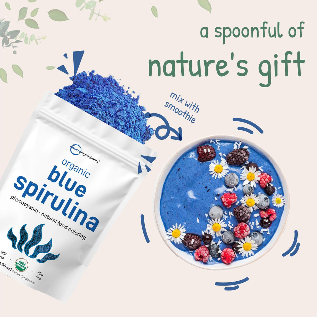 Organic Blue Spirulina Powder (Phycocyanin Extract), 30 Servings - No Fishy Smell, 100% Vegan Protein from Blue-Green Algae, Natural Luminous Food - OzHealthStandard
