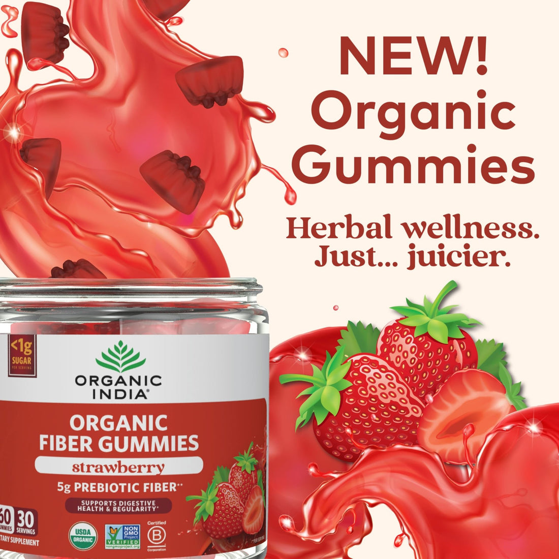 ORGANIC INDIA Fiber Gummies for Adults - Prebiotic Fiber, Dietary Supplement, Digestive Health for Men & Women, Vegan, Low Sugar - OzHealthStandard