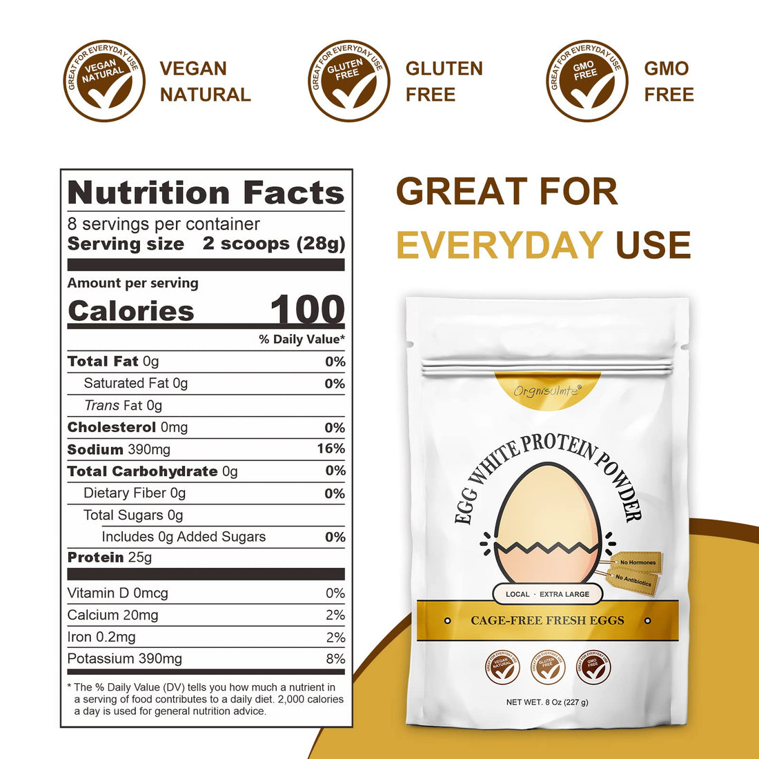 Orgnisulmte Egg White Protein Powder 8 Oz, Pasteurized Dried Egg Whites Protein, Gluten-Free, Non-GMO, Unflavored, Free Range High Whip for Baking, Desserts 227g - OzHealthStandard
