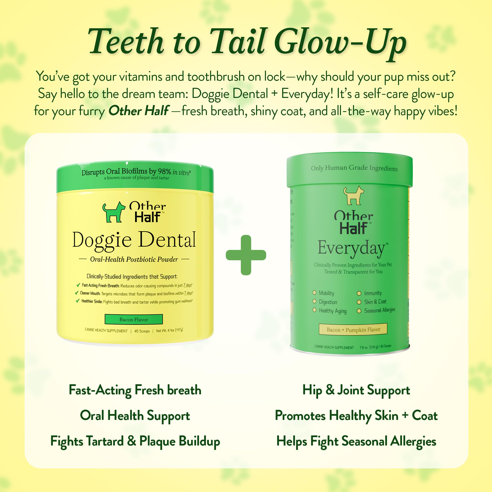 OTHER HALF Doggie Dental Supplement Powder - Dog Breath Freshener & Teeth Cleaning Made Easy - Oral Health Postbiotic for Dogs - Targets Tartar, Plaque & Bad Breath | 45 Scoops, Bacon Flavor - OzHealthStandard