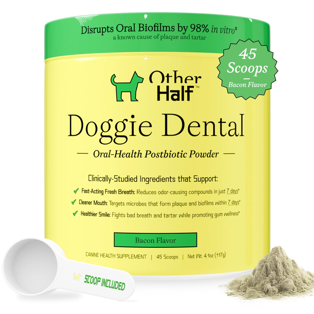 OTHER HALF Doggie Dental Supplement Powder - Dog Breath Freshener & Teeth Cleaning Made Easy - Oral Health Postbiotic for Dogs - Targets Tartar, Plaque & Bad Breath | 45 Scoops, Bacon Flavor - OzHealthStandard