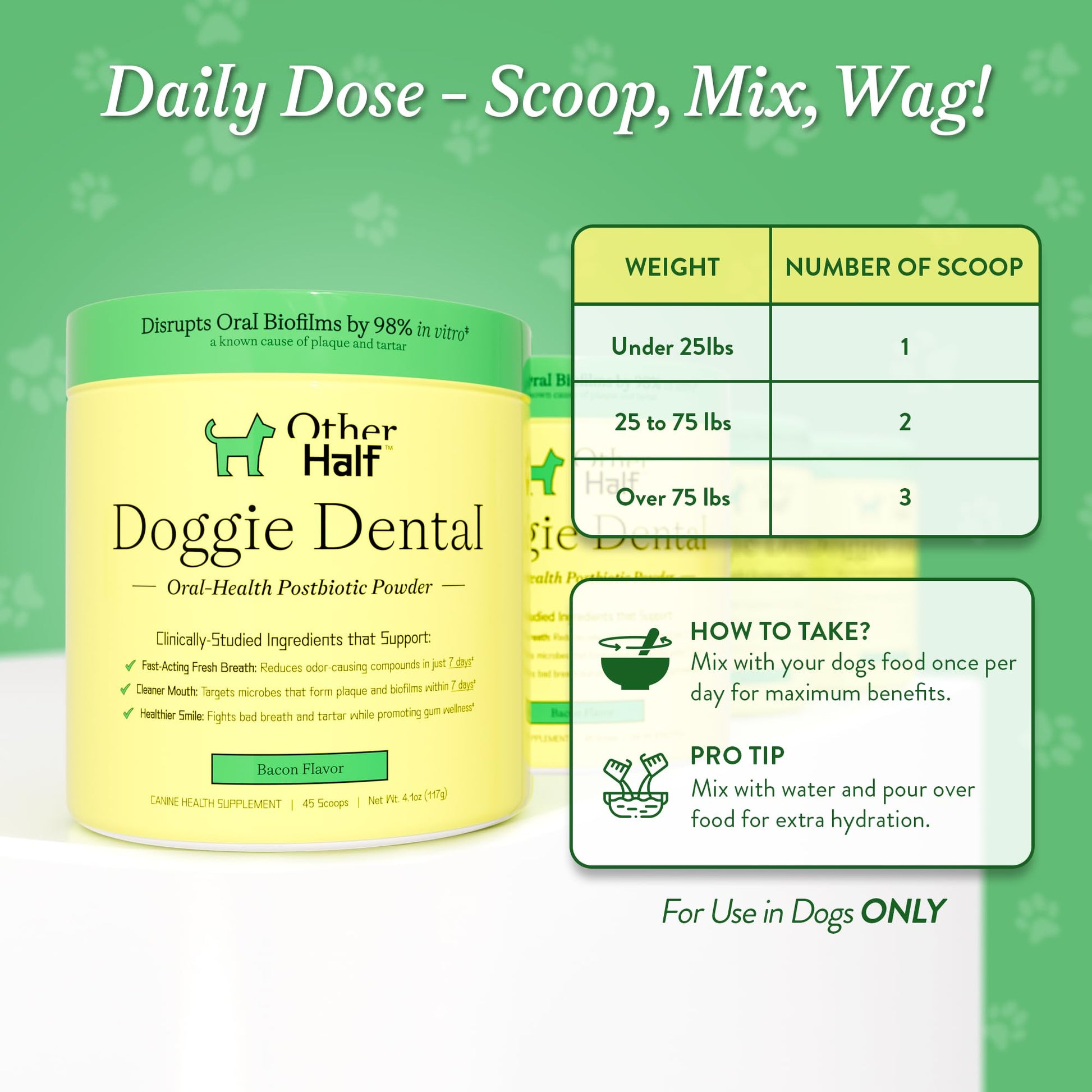 OTHER HALF Doggie Dental Supplement Powder - Dog Breath Freshener & Teeth Cleaning Made Easy - Oral Health Postbiotic for Dogs - Targets Tartar, Plaque & Bad Breath | 45 Scoops, Bacon Flavor - OzHealthStandard
