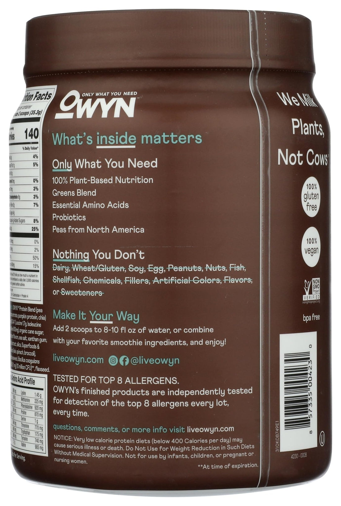 OWYN Only What You Need Plant-Based Protein Powder, Dark Chocolate, 1.17 lbs - OzHealthStandard