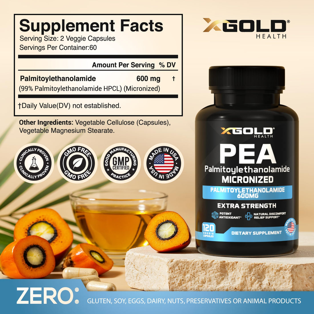 Palmitoylethanolamide Pea Supplement 600 mg | Micronized Pea 99% Highly Purified and Bioavailable | Made in USA | Supplement for Men and Women - 120 Capsules - OzHealthStandard