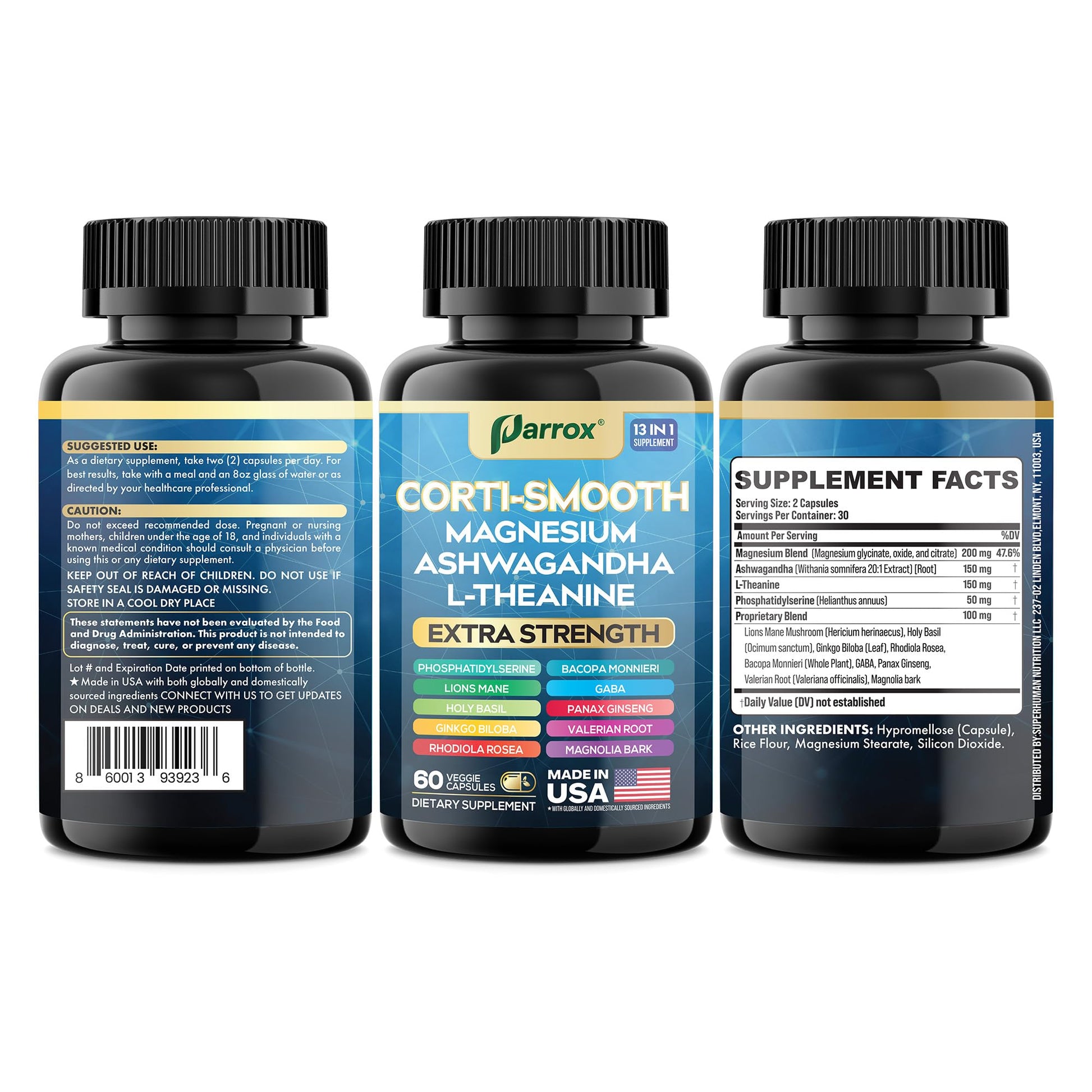 Parrox Corti-Smooth Cortisol Supplement Magnesium, L-Theanine, Ashwagandha, Phosphatidylserine, Valerian Root, Lions Mane, Bacopa Monnieri, Ginkgo Biloba, Panax Ginseng, Magnolia Bark, GABA (60 Caps) - OzHealthStandard