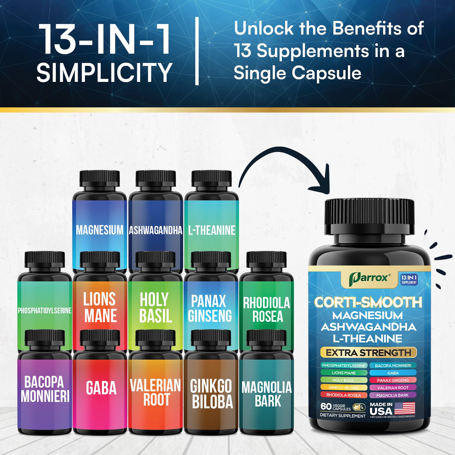 Parrox Corti-Smooth Cortisol Supplement Magnesium, L-Theanine, Ashwagandha, Phosphatidylserine, Valerian Root, Lions Mane, Bacopa Monnieri, Ginkgo Biloba, Panax Ginseng, Magnolia Bark, GABA (60 Caps) - OzHealthStandard