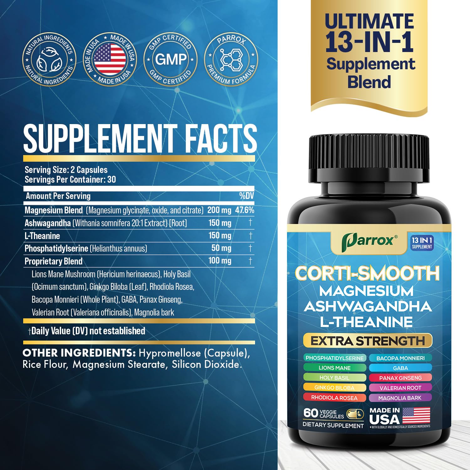 Parrox Corti-Smooth Cortisol Supplement Magnesium, L-Theanine, Ashwagandha, Phosphatidylserine, Valerian Root, Lions Mane, Bacopa Monnieri, Ginkgo Biloba, Panax Ginseng, Magnolia Bark, GABA (60 Caps) - OzHealthStandard