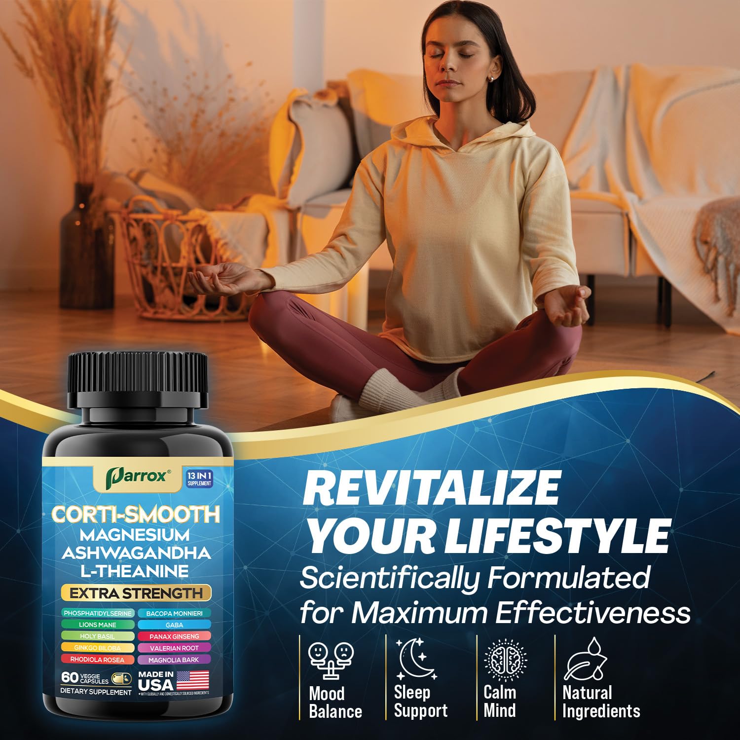 Parrox Corti-Smooth Cortisol Supplement Magnesium, L-Theanine, Ashwagandha, Phosphatidylserine, Valerian Root, Lions Mane, Bacopa Monnieri, Ginkgo Biloba, Panax Ginseng, Magnolia Bark, GABA (60 Caps) - OzHealthStandard