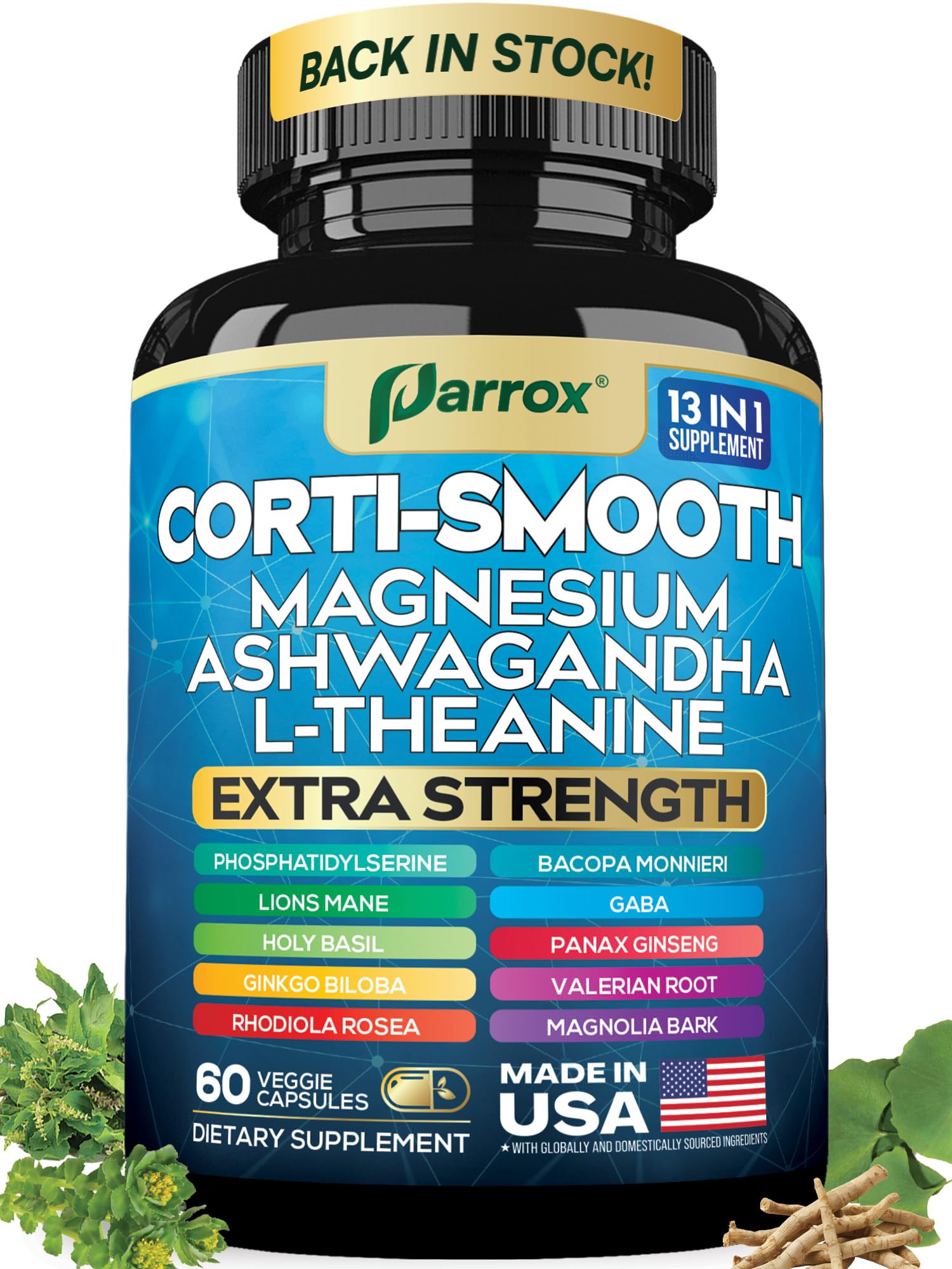 Parrox Corti-Smooth Cortisol Supplement Magnesium, L-Theanine, Ashwagandha, Phosphatidylserine, Valerian Root, Lions Mane, Bacopa Monnieri, Ginkgo Biloba, Panax Ginseng, Magnolia Bark, GABA (60 Caps) - OzHealthStandard