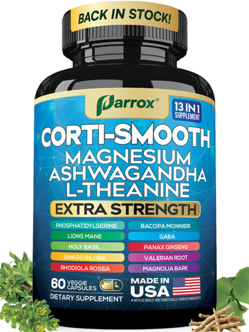 Parrox Corti-Smooth Cortisol Supplement Magnesium, L-Theanine, Ashwagandha, Phosphatidylserine, Valerian Root, Lions Mane, Bacopa Monnieri, Ginkgo Biloba, Panax Ginseng, Magnolia Bark, GABA (60 Caps) - OzHealthStandard