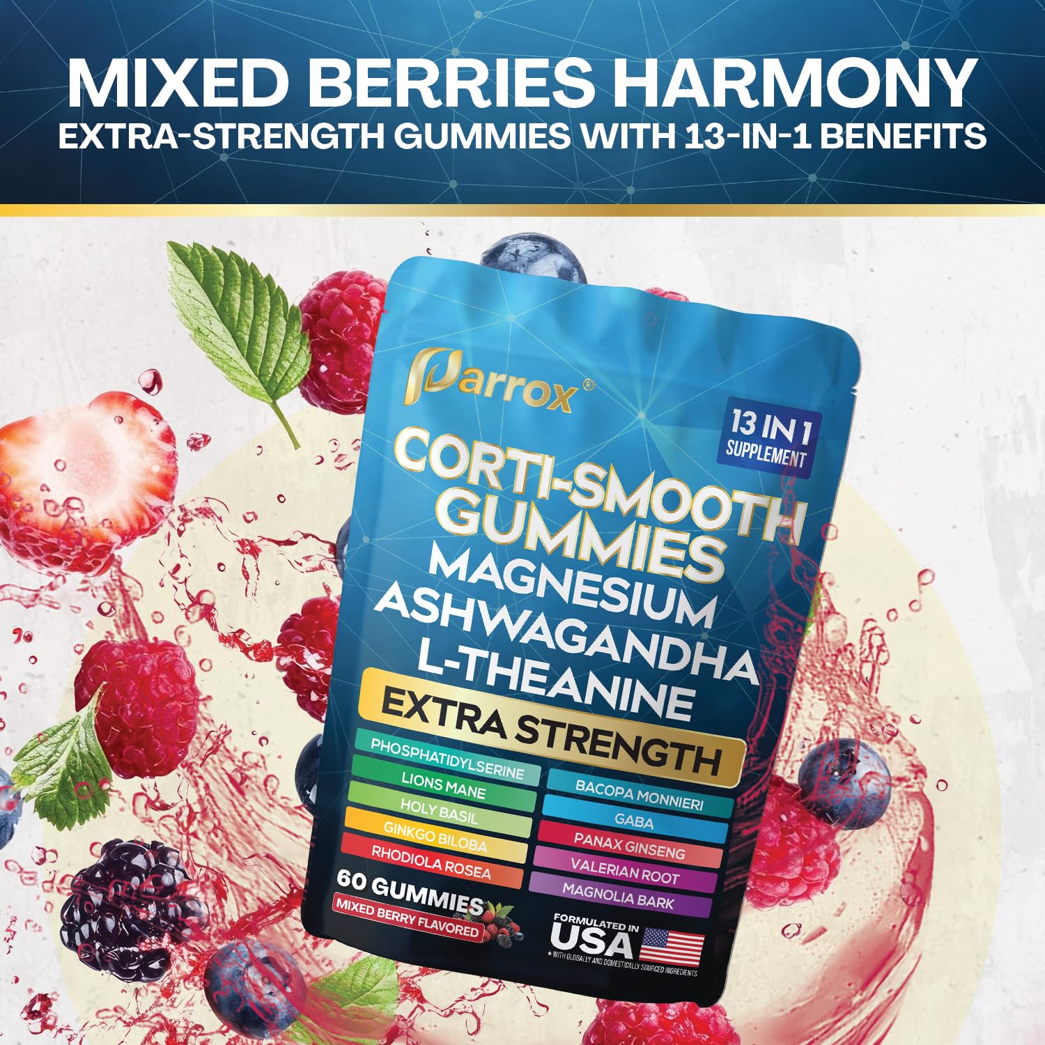 Parrox Corti-Smooth Cortisol Support Gummies with Magnesium, L-Theanine, Ashwagandha, Phosphatidylserine, Bacopa Monnieri, Lions Mane, Ginkgo Biloba, Valerian Root (60 Gummies - Mixed Berry Flavor) - OzHealthStandard