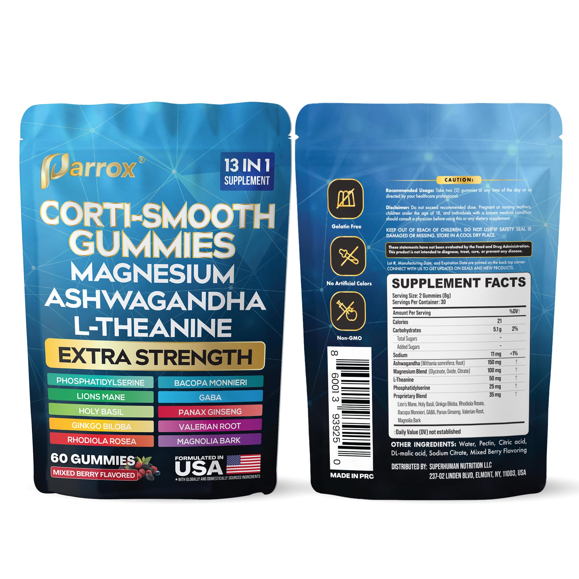 Parrox Corti-Smooth Cortisol Support Gummies with Magnesium, L-Theanine, Ashwagandha, Phosphatidylserine, Bacopa Monnieri, Lions Mane, Ginkgo Biloba, Valerian Root (60 Gummies - Mixed Berry Flavor) - OzHealthStandard
