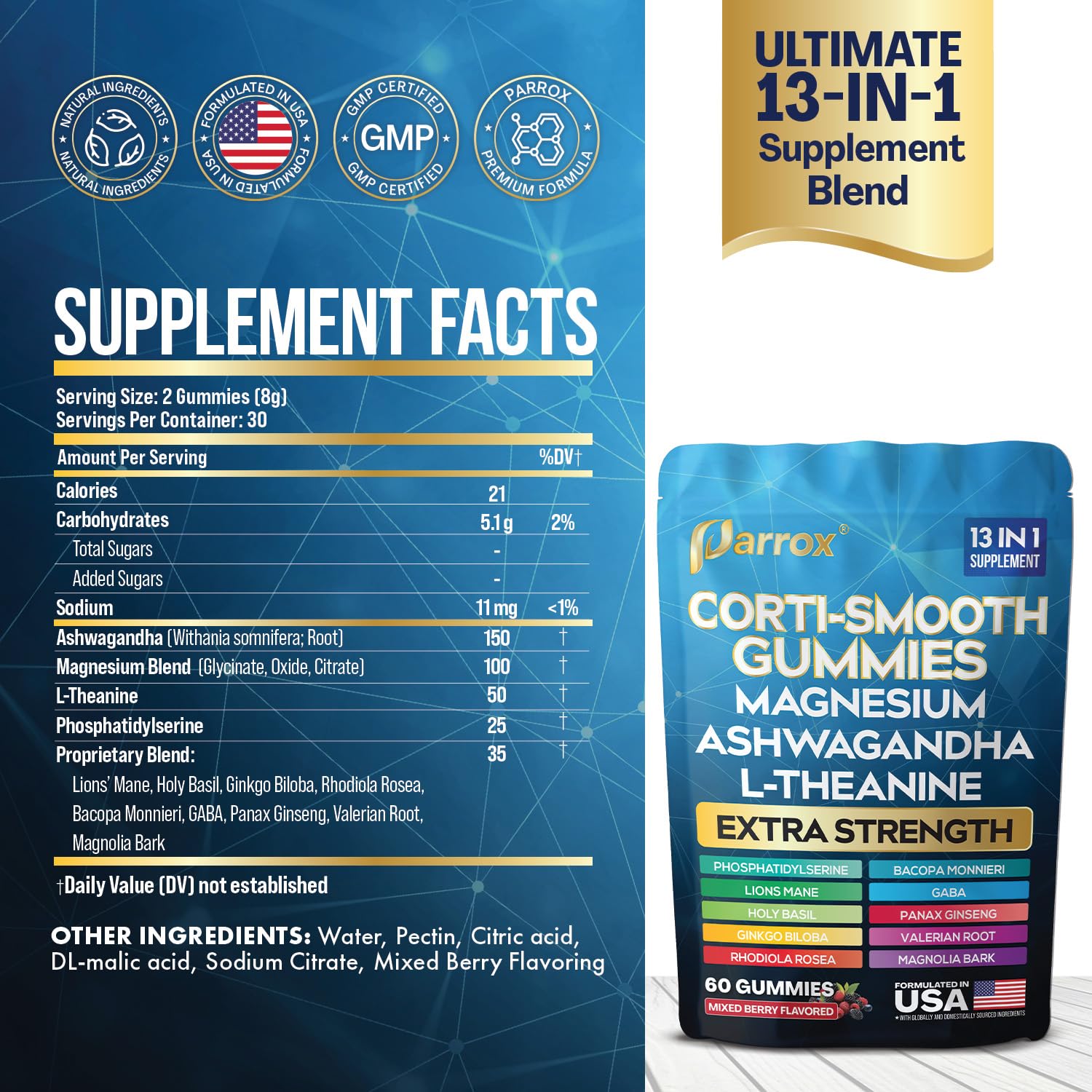 Parrox Corti-Smooth Cortisol Support Gummies with Magnesium, L-Theanine, Ashwagandha, Phosphatidylserine, Bacopa Monnieri, Lions Mane, Ginkgo Biloba, Valerian Root (60 Gummies - Mixed Berry Flavor) - OzHealthStandard