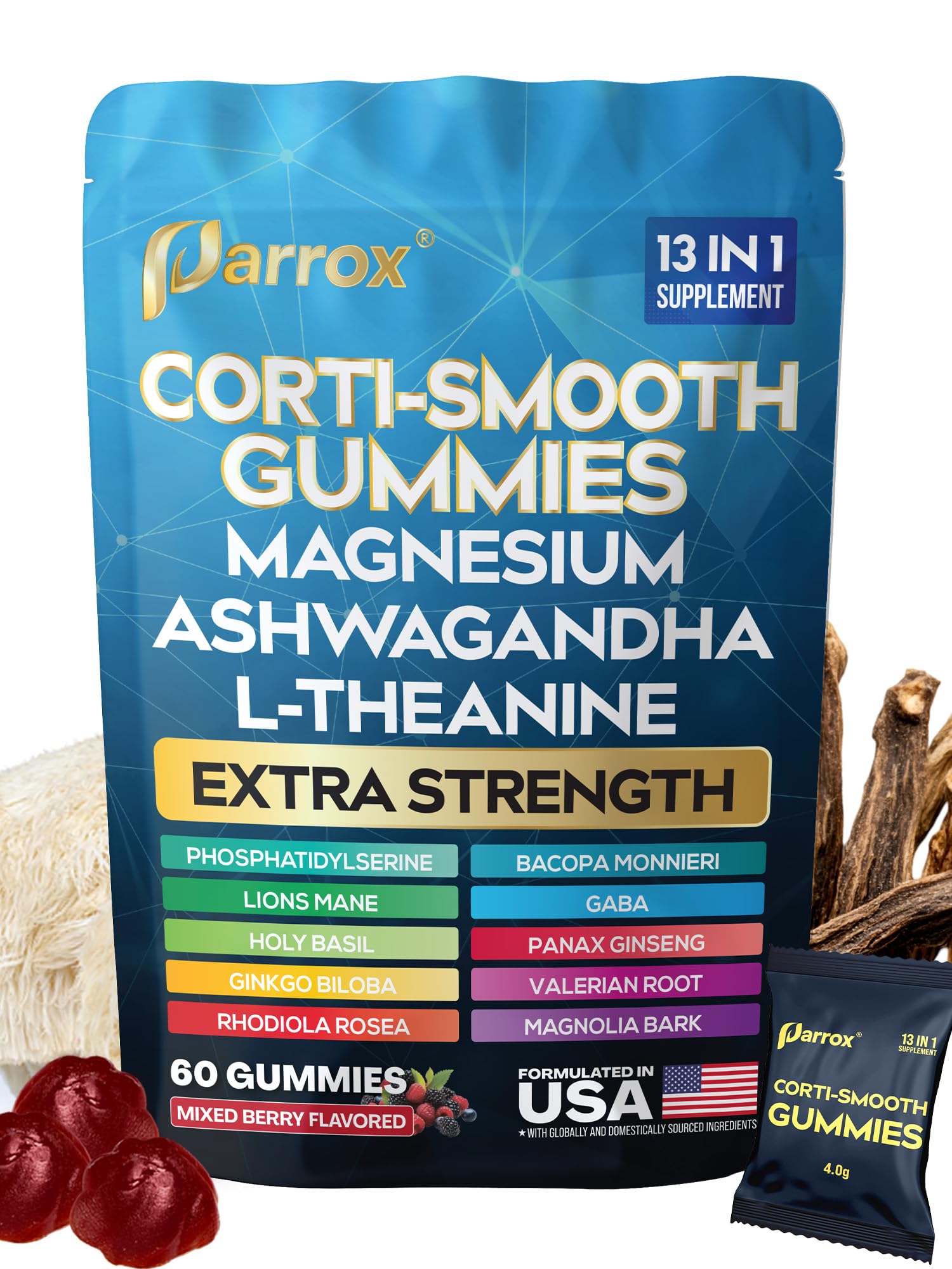 Parrox Corti-Smooth Cortisol Support Gummies with Magnesium, L-Theanine, Ashwagandha, Phosphatidylserine, Bacopa Monnieri, Lions Mane, Ginkgo Biloba, Valerian Root (60 Gummies - Mixed Berry Flavor) - OzHealthStandard