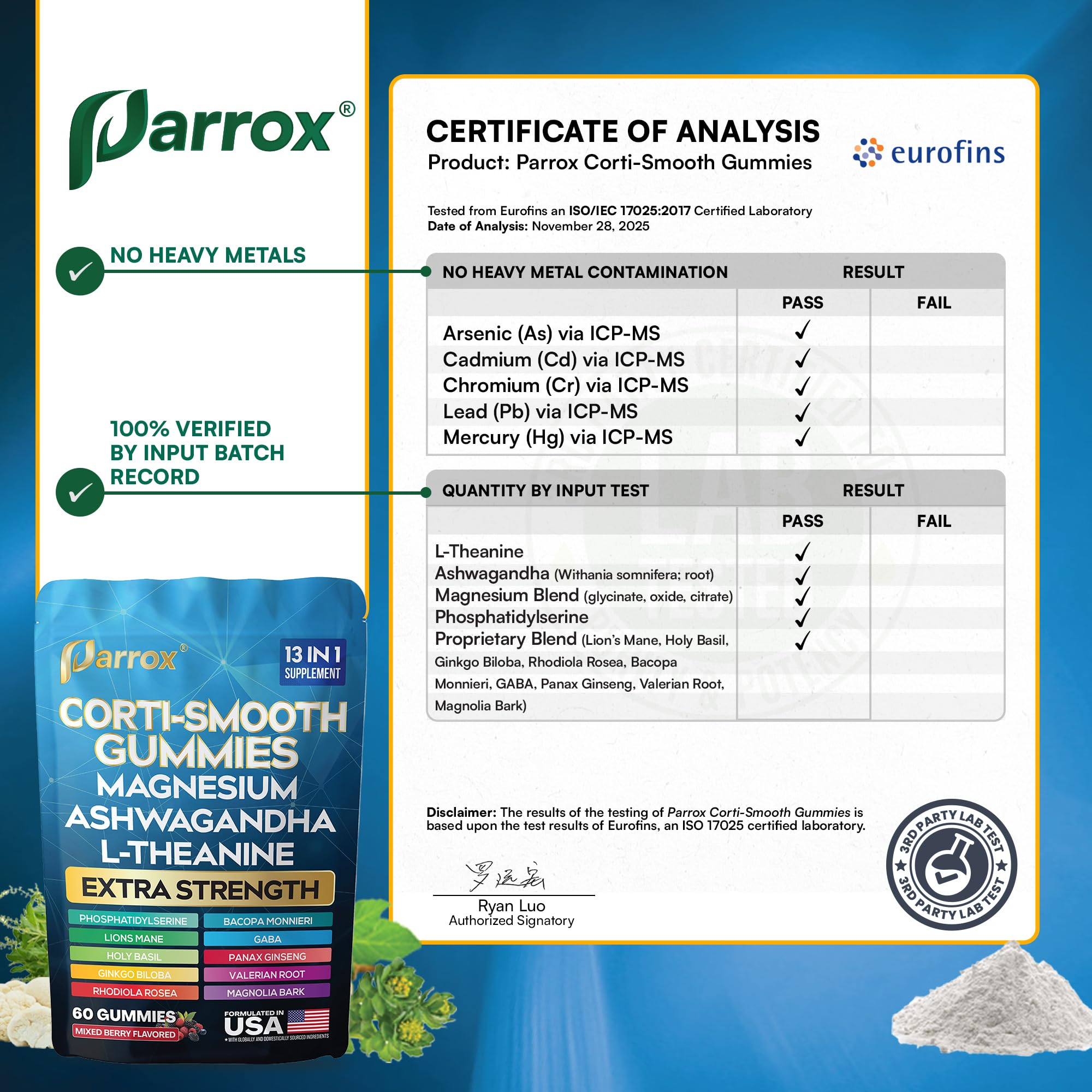 Parrox Corti-Smooth Cortisol Support Gummies with Magnesium, L-Theanine, Ashwagandha, Phosphatidylserine, Bacopa Monnieri, Lions Mane, Ginkgo Biloba, Valerian Root (60 Gummies - Mixed Berry Flavor) - OzHealthStandard