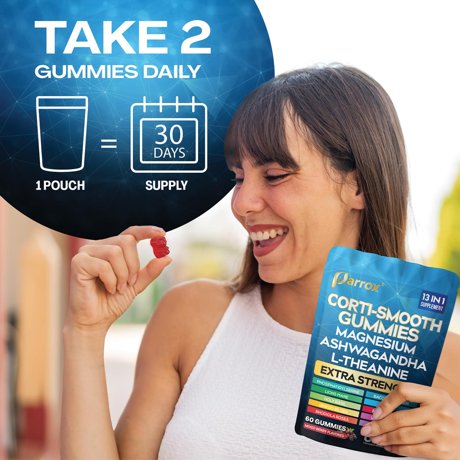 Parrox Corti-Smooth Cortisol Support Gummies with Magnesium, L-Theanine, Ashwagandha, Phosphatidylserine, Bacopa Monnieri, Lions Mane, Ginkgo Biloba, Valerian Root (60 Gummies - Mixed Berry Flavor) - OzHealthStandard