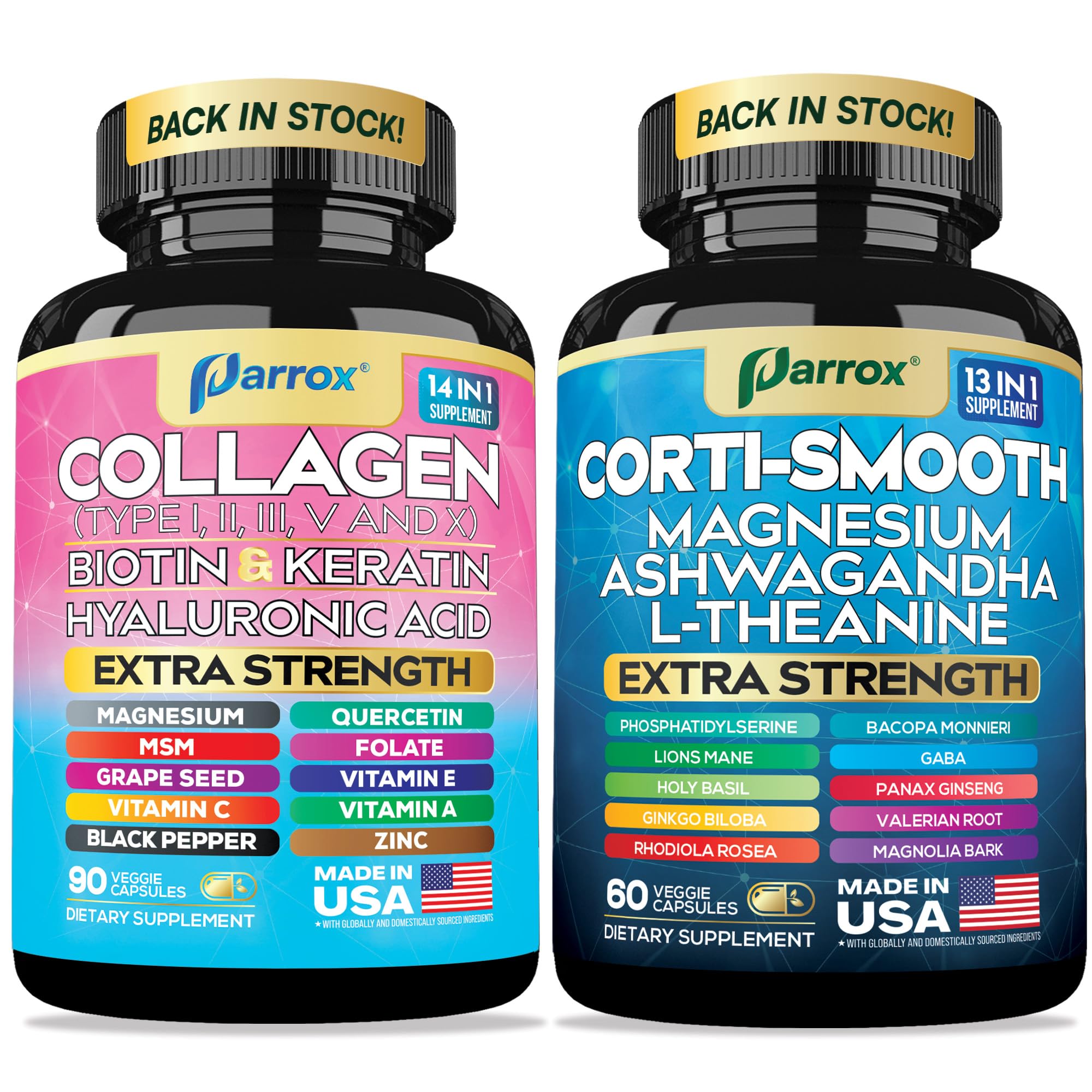 Parrox Shining Serenity Set, Cortisol Support with Ashwagandha, L-Theanine, Magnesium, Lions Mane, GABA, Bacopa Monnieri, Collagen I, II, III, V, X, Folate, Biotin, Keratin, Hyaluronic Acid, Quercetin - OzHealthStandard