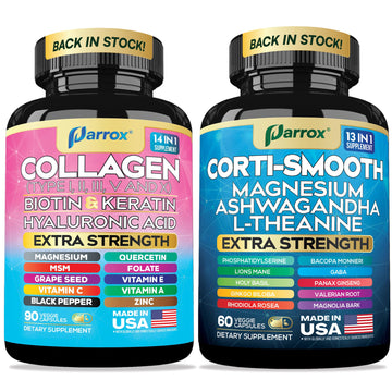 Parrox Shining Serenity Set, Cortisol Support with Ashwagandha, L-Theanine, Magnesium, Lions Mane, GABA, Bacopa Monnieri, Collagen I, II, III, V, X, Folate, Biotin, Keratin, Hyaluronic Acid, Quercetin - OzHealthStandard