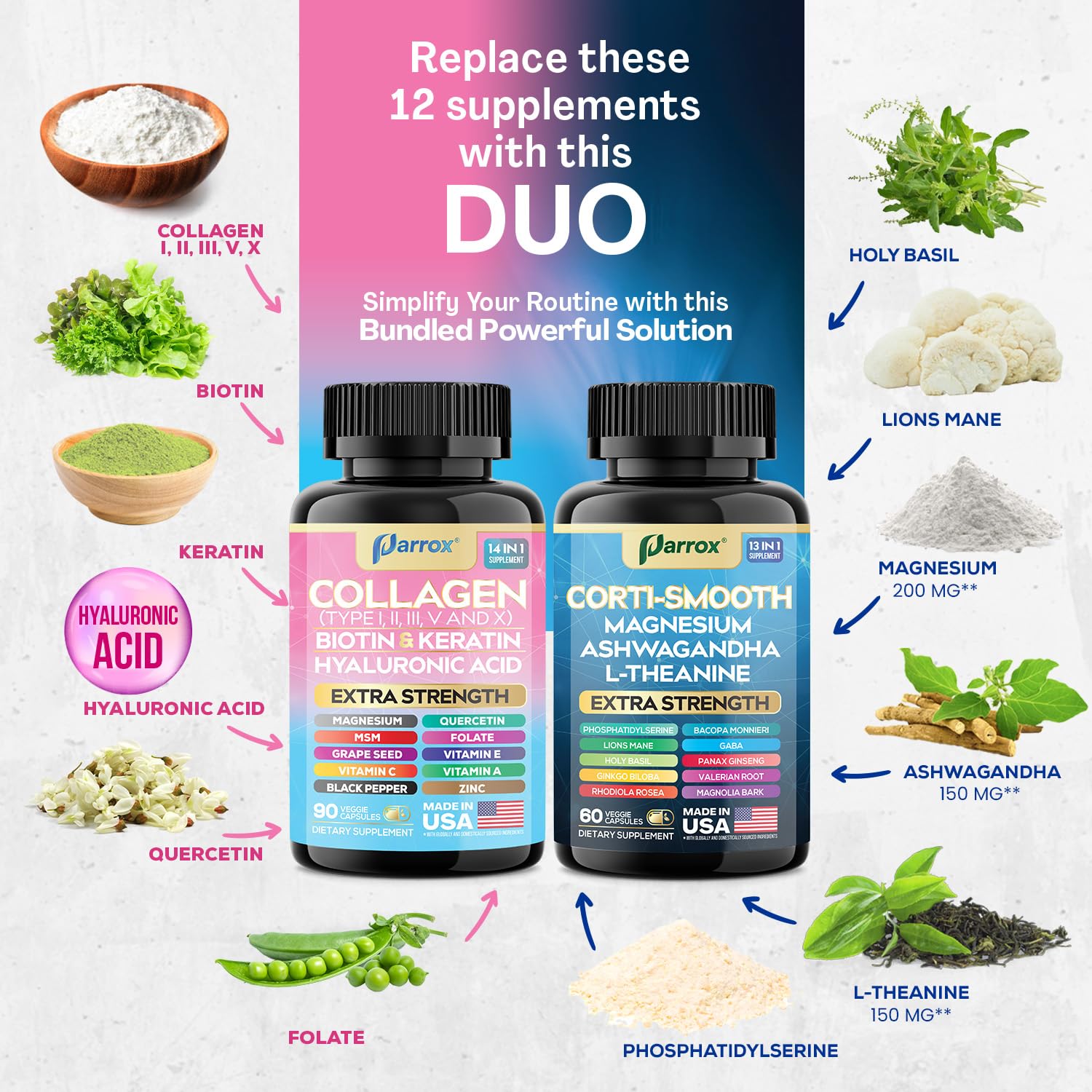 Parrox Shining Serenity Set, Cortisol Support with Ashwagandha, L-Theanine, Magnesium, Lions Mane, GABA, Bacopa Monnieri, Collagen I, II, III, V, X, Folate, Biotin, Keratin, Hyaluronic Acid, Quercetin - OzHealthStandard