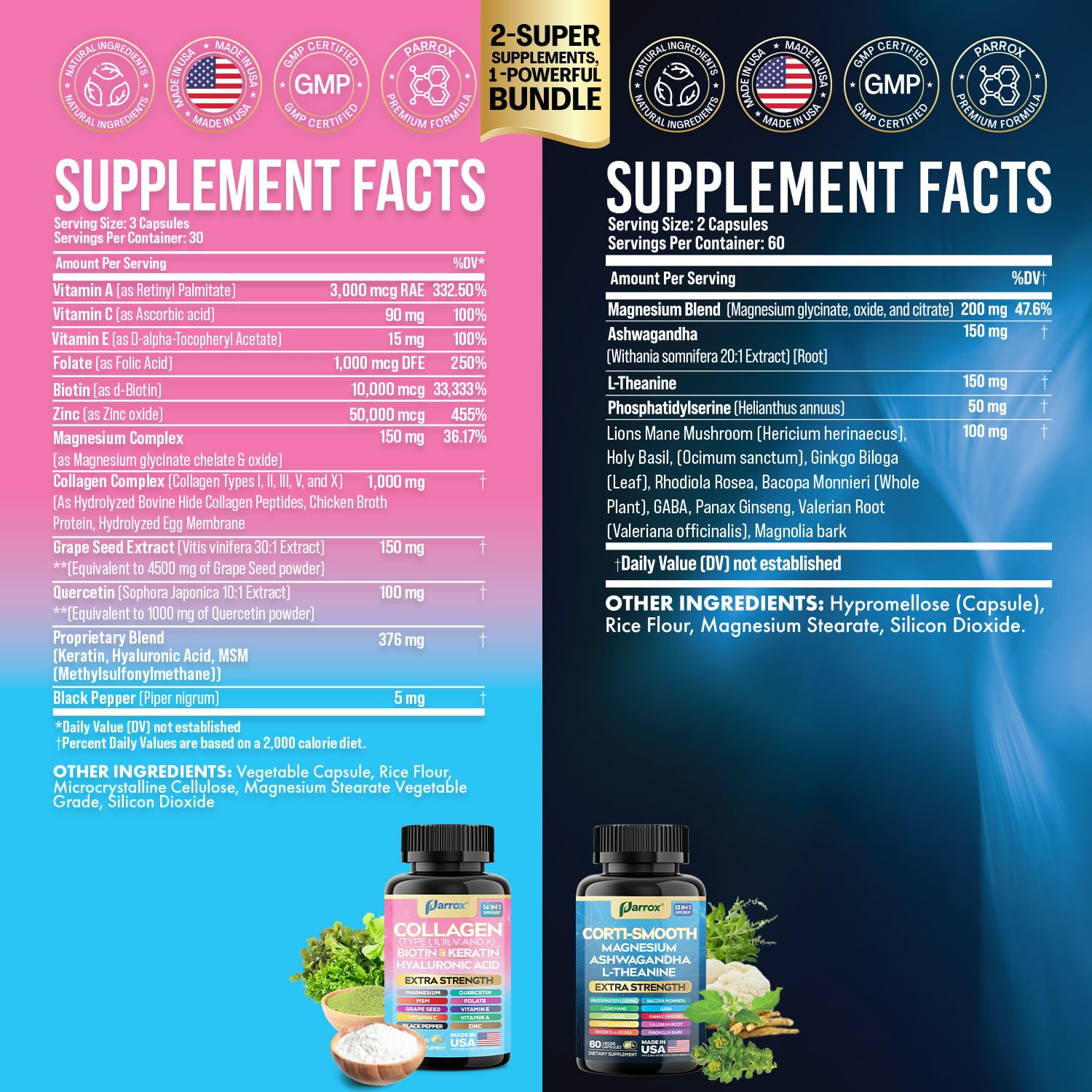 Parrox Shining Serenity Set, Cortisol Support with Ashwagandha, L-Theanine, Magnesium, Lions Mane, GABA, Bacopa Monnieri, Collagen I, II, III, V, X, Folate, Biotin, Keratin, Hyaluronic Acid, Quercetin - OzHealthStandard