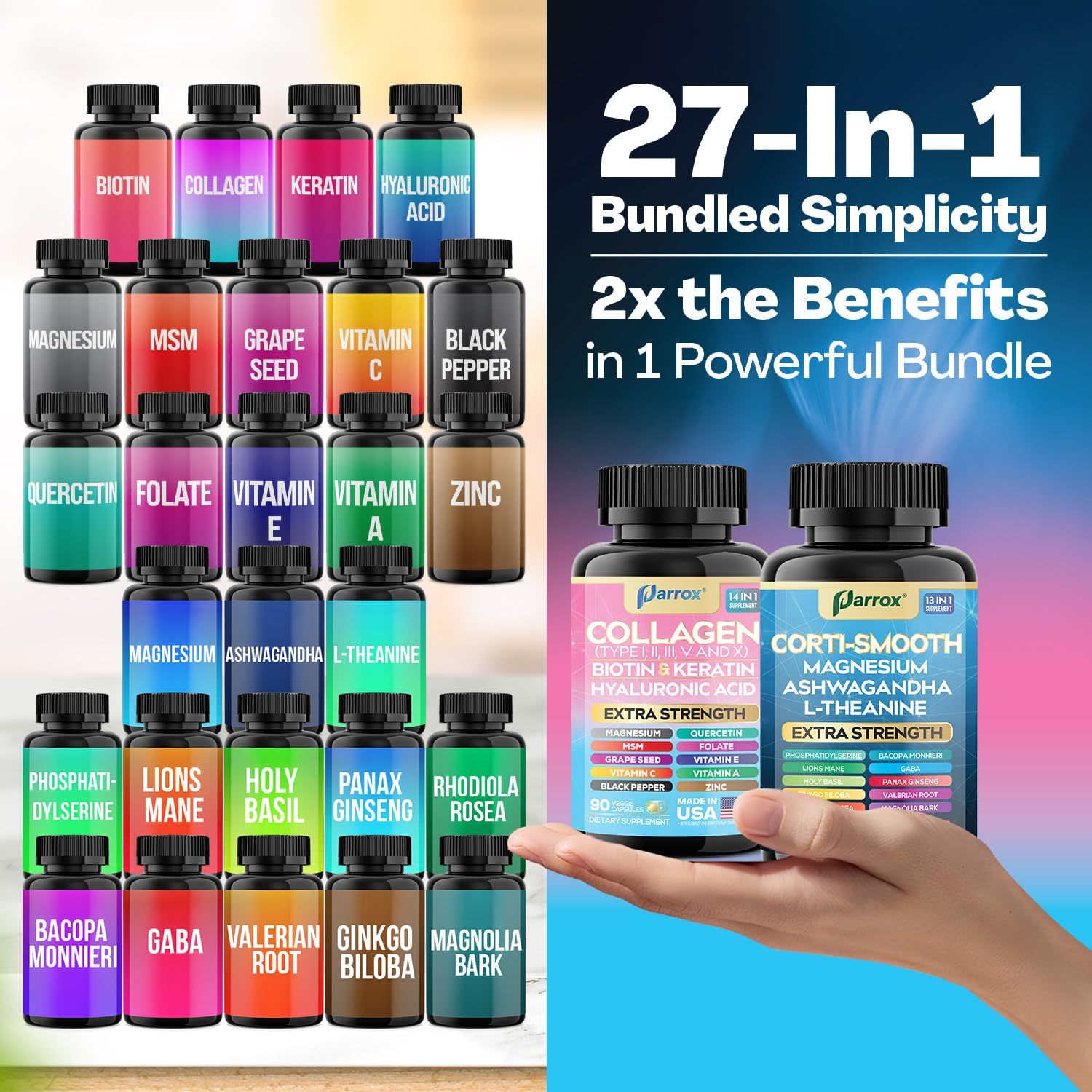 Parrox Shining Serenity Set, Cortisol Support with Ashwagandha, L-Theanine, Magnesium, Lions Mane, GABA, Bacopa Monnieri, Collagen I, II, III, V, X, Folate, Biotin, Keratin, Hyaluronic Acid, Quercetin - OzHealthStandard