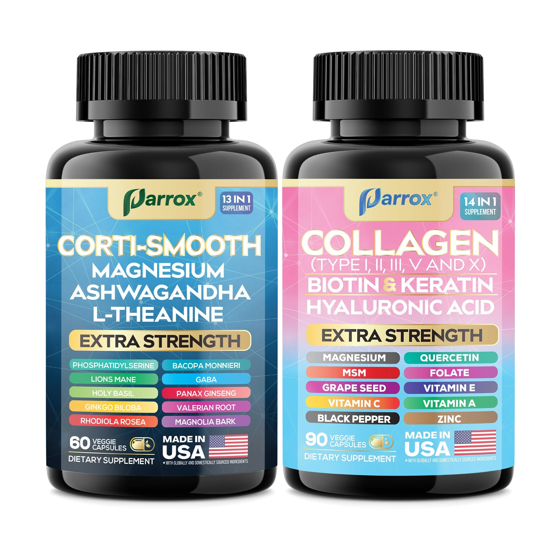 Parrox Shining Serenity Set, Cortisol Support with Ashwagandha, L-Theanine, Magnesium, Lions Mane, GABA, Bacopa Monnieri, Collagen I, II, III, V, X, Folate, Biotin, Keratin, Hyaluronic Acid, Quercetin - OzHealthStandard