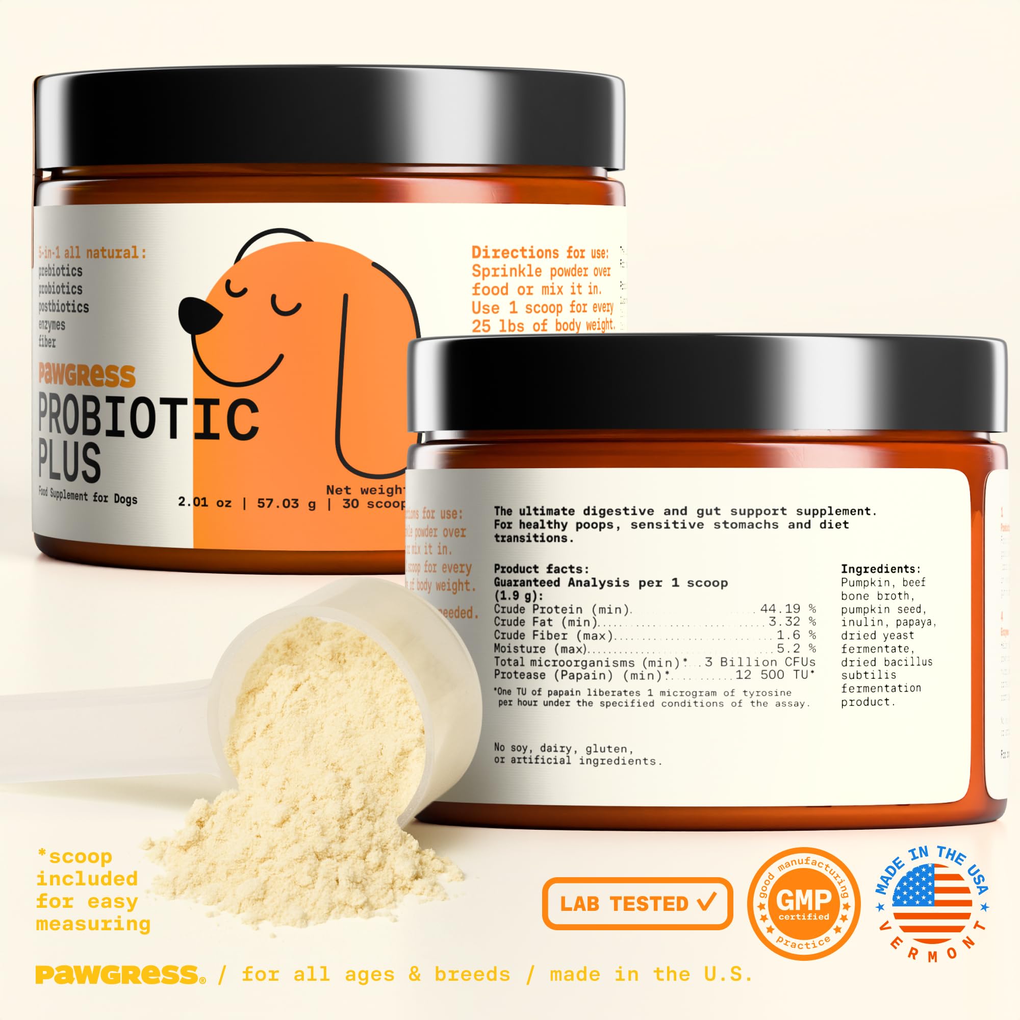 Pawgress 5-in-1 Dog Probiotic Powder – 100% Natural Gut Health Support with Prebiotics, Postbiotics & Enzymes - Made in USA – 30 Scoops - OzHealthStandard