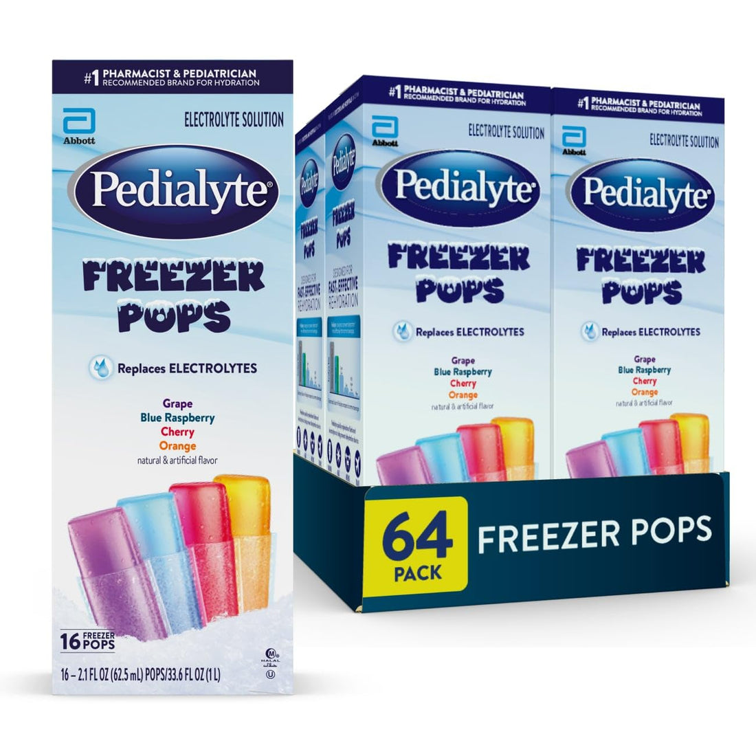 Pedialyte Electrolyte Solution Freezer Pops, Hydration Variety Pack— Grape, Blue Raspberry, Cherry, Orange, Pack of 64 - OzHealthStandard