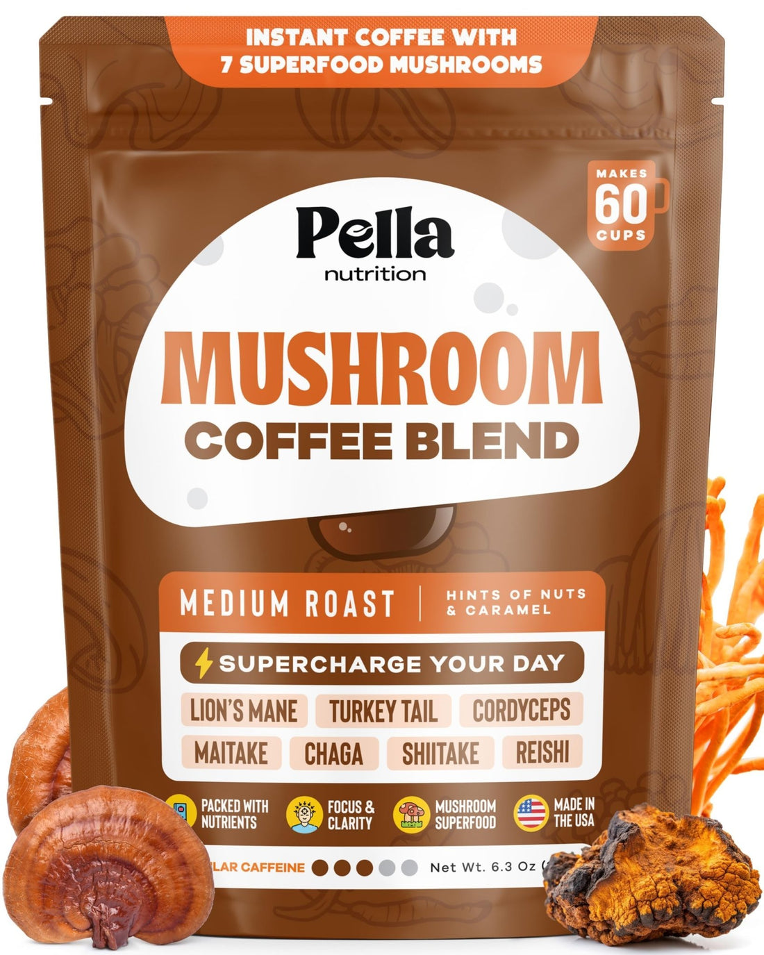 Pella Nutrition Mushroom Coffee – Lions Mane, Reishi, Chaga, Cordyceps, Shiitake, Maitake, and Turkey Tail Mushroom Supplement – Superfood Instant - OzHealthStandard