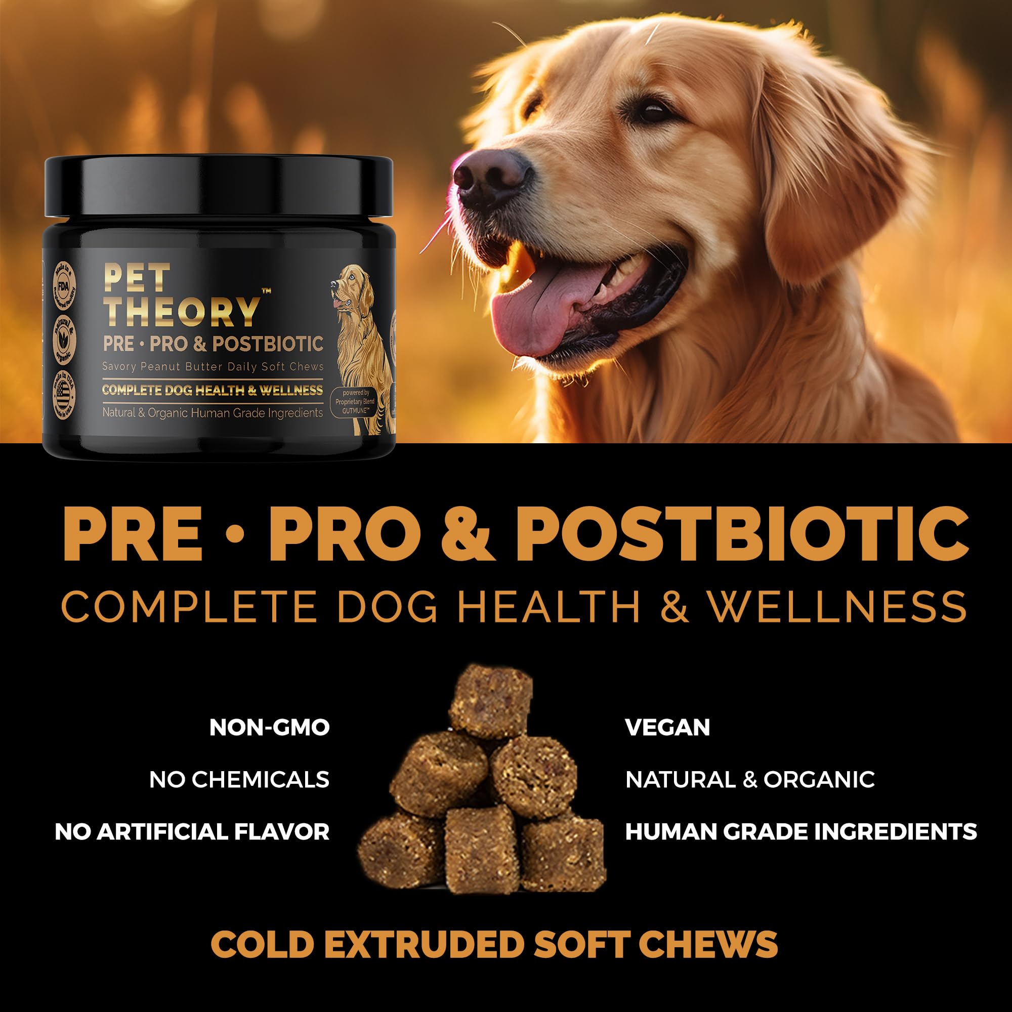 Pet Theory Probiotics for Dogs. Dog Digestive Health-Pre Pro and Postbiotic Combination-Pet Supplements for Gut Health-Supports Digestion, Boost Immunity-100CT Soft Chews - OzHealthStandard