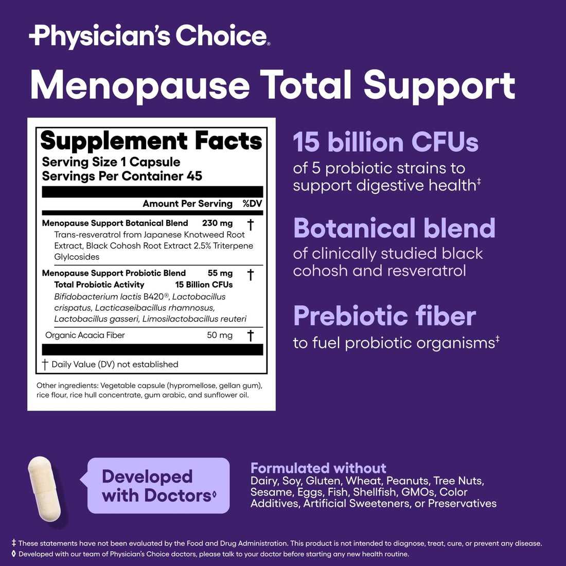 Physician's CHOICE Menopause Probiotic Supplement for Women - Supports Hormone Balance, Hot Flashes, Night Sweats, Weight Management, Bloating & Gut Health - with Black Cohosh, Resveratrol+ - 45ct - OzHealthStandard
